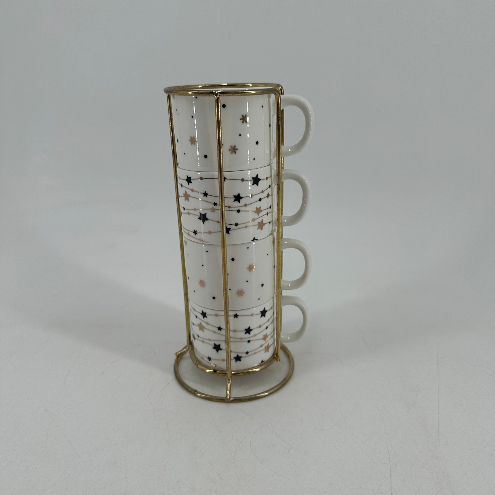 Frankie Grey Stacking Espresso Cup Set 4 Ceramic Mugs Gold Star Rack White Gold