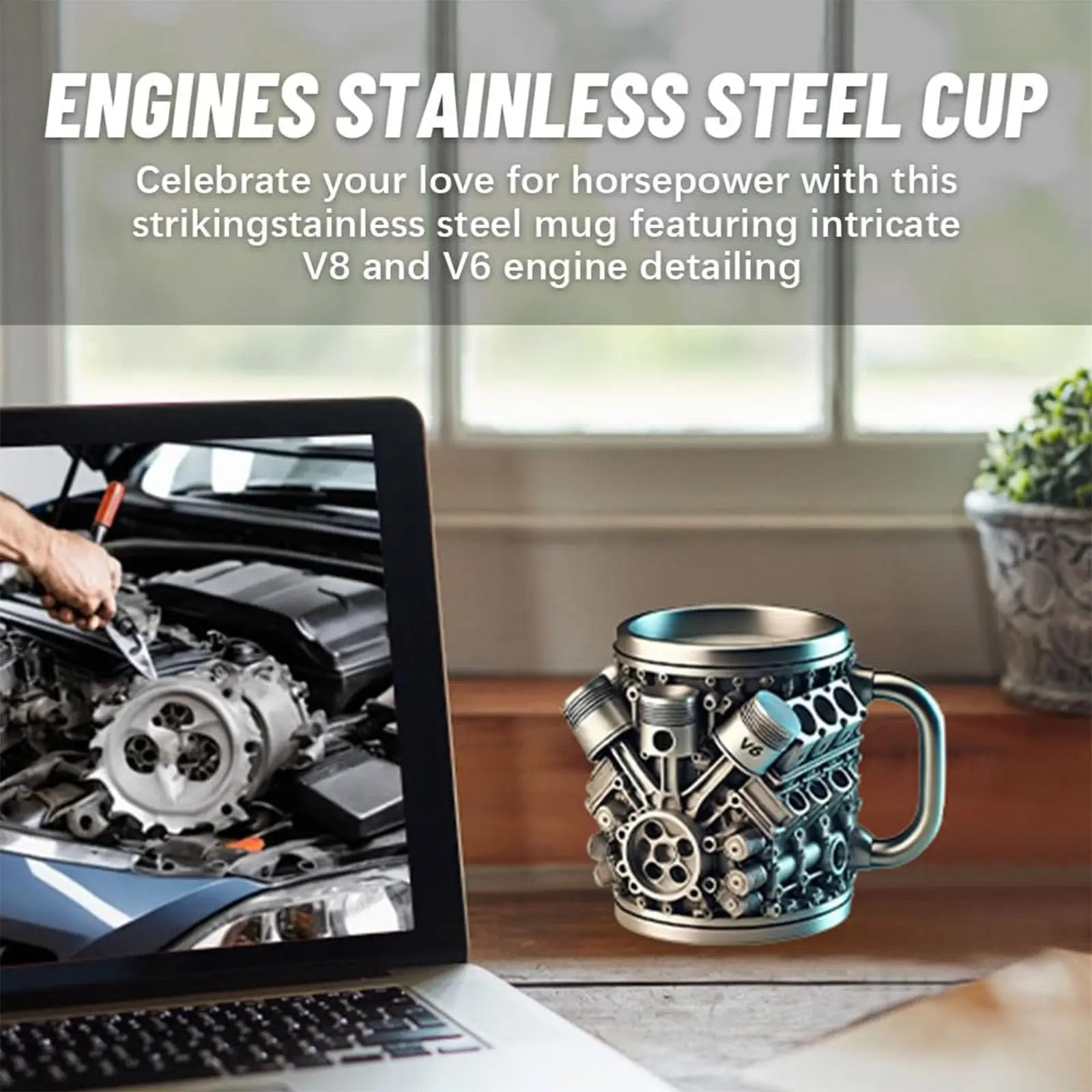 Stainless Steel Cup V8 & V6, V6 V8 Engines Design Mug, Durable & Stylish Rust-P