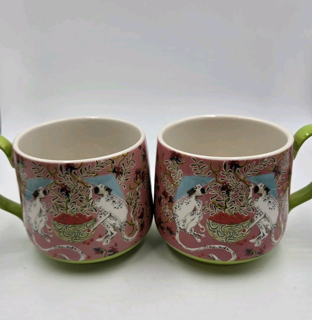 2 Anthropologie Paige Gemmel Eastern Animals Mugs Spotted Monkey w/ Raspberries
