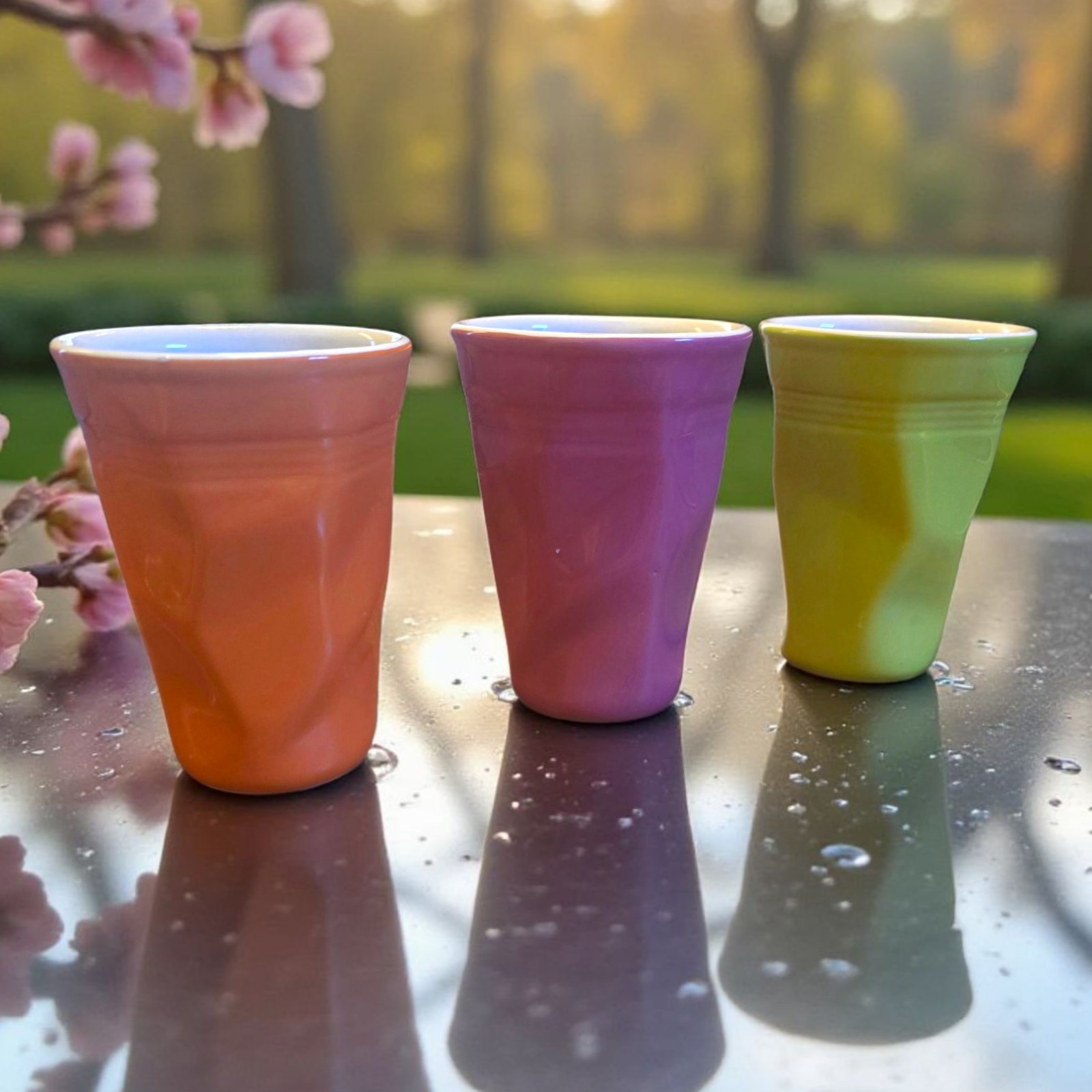 3 Porcelain Crumpled Crush 9 Oz Cup Mug Tumbler Set Green Orange Purple 4.5″