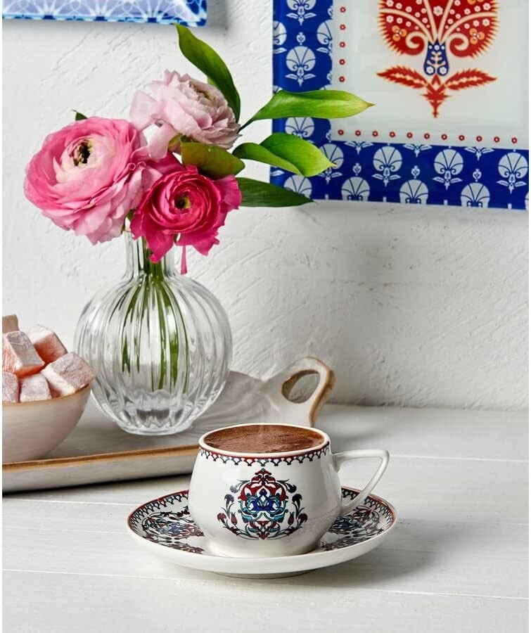 Turkish Porcelain Coffee Cup Set for 6-12 Pc Espresso Cups & Saucers,Traditional