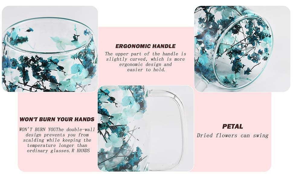 Real Flower Glass Tea Cup, Double Wall Borosilicate Coffee Mug with Preserved