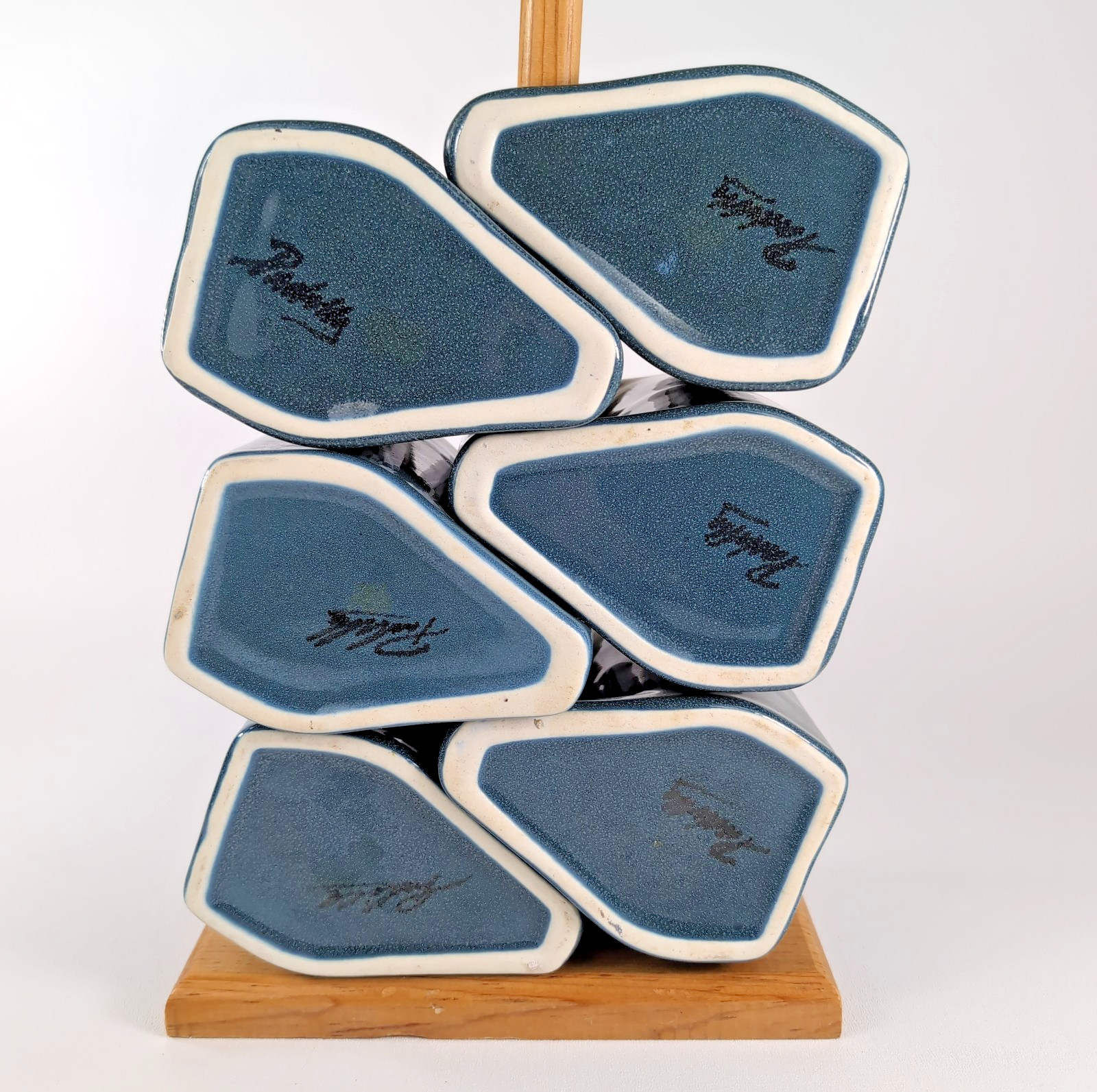 VTG 80s Set 6 Rodolfo Padilla Drip Glaze Blue Aqua MCM Coffee Cup Mug Wood Stand