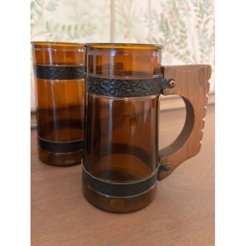 VTG Siesta Ware Amber Glass Mugs Set of 4 Brown Wood Handle MCM Rustic Barware