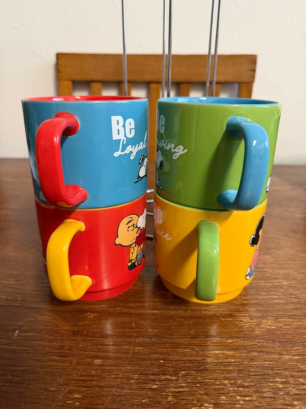Peanuts Gentle Reminders 4 Pc Stackable Stoneware Mug Set with Metal Rack Snoopy