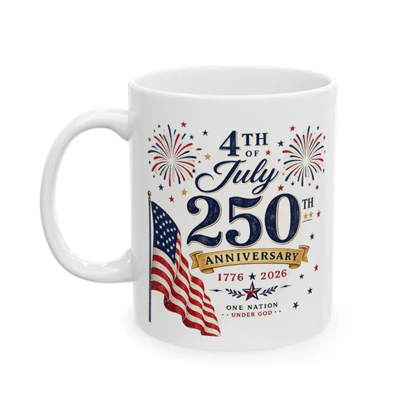 4th of July 250th Anniversary Ceramic Mug, Patriotic Americana Coffee Cup