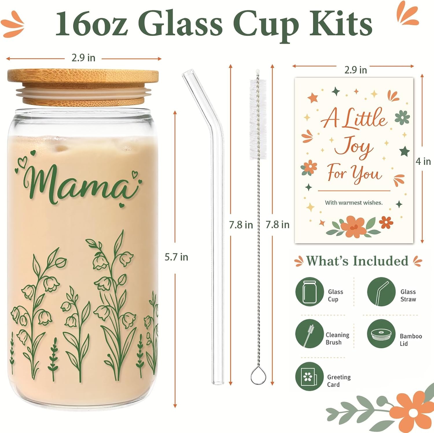 Mama for Mom – 16oz Floral Iced Coffee Cup with Lid and Straw – Cute Birthday