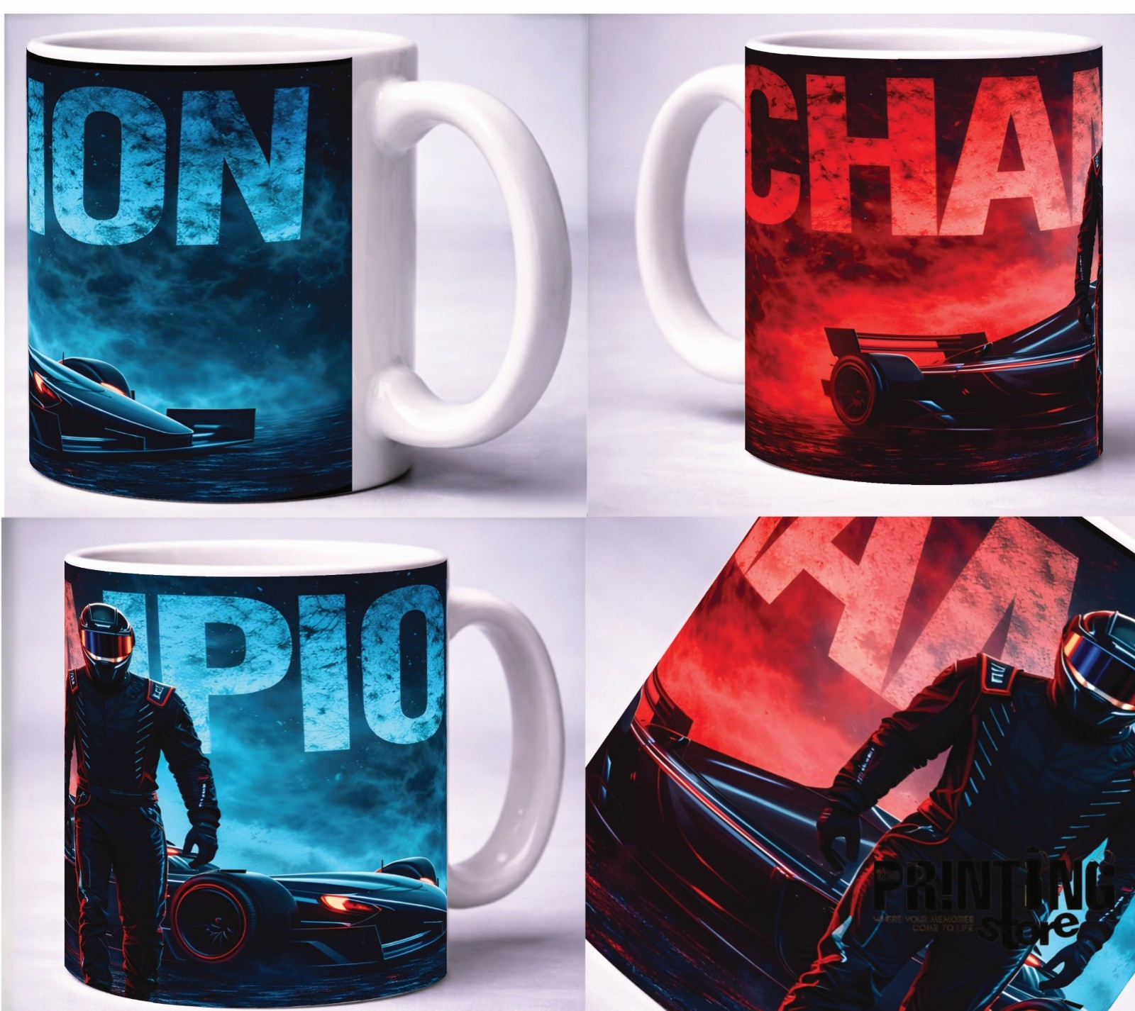 Champion Racing Mug – F1 Style Motorsport Coffee Cup – Red & Blue Sports Car Des