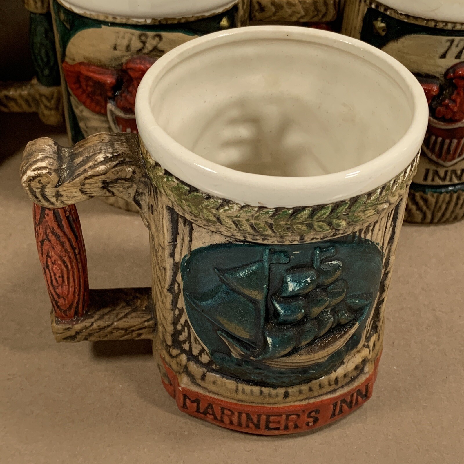 Ceramic Mugs Bird Bottle Mariner Colonial Inn Eagle 1776 Rustic Napcoware Set/5