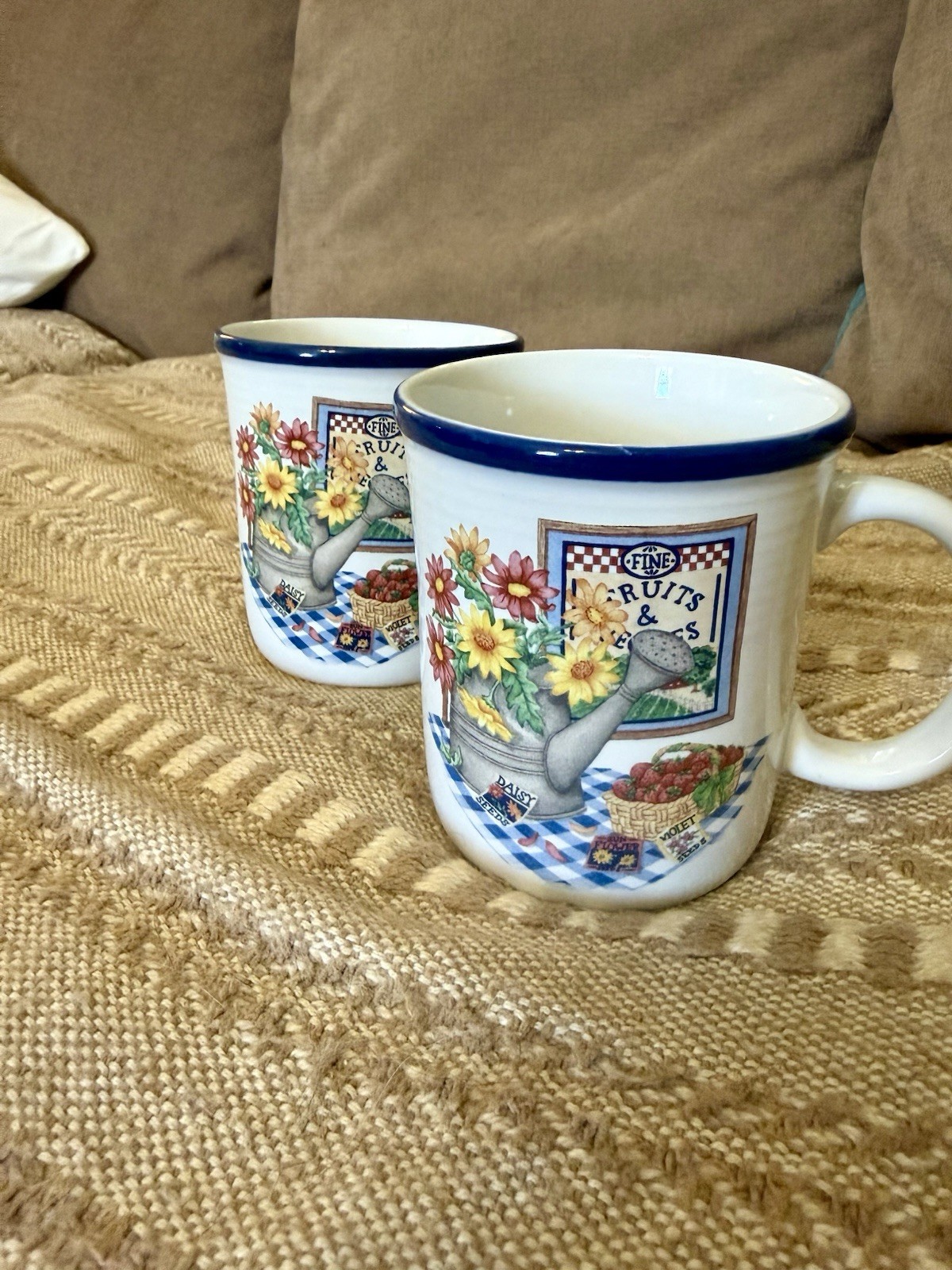 Century Stoneware Set of 2 Floral Stoneware Coffee Mugs Blue Rim 8 fl oz