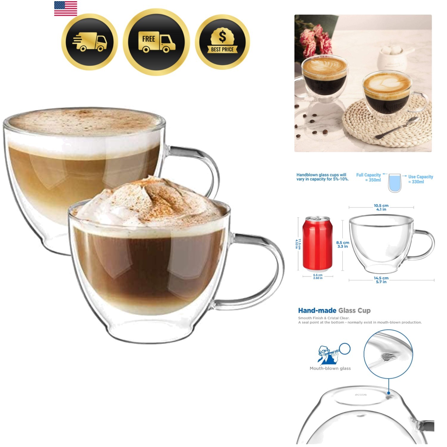 Double Walled Glass Coffee Mug 12 oz Latte Cappuccino Cups Set of 2, Clear Gl…
