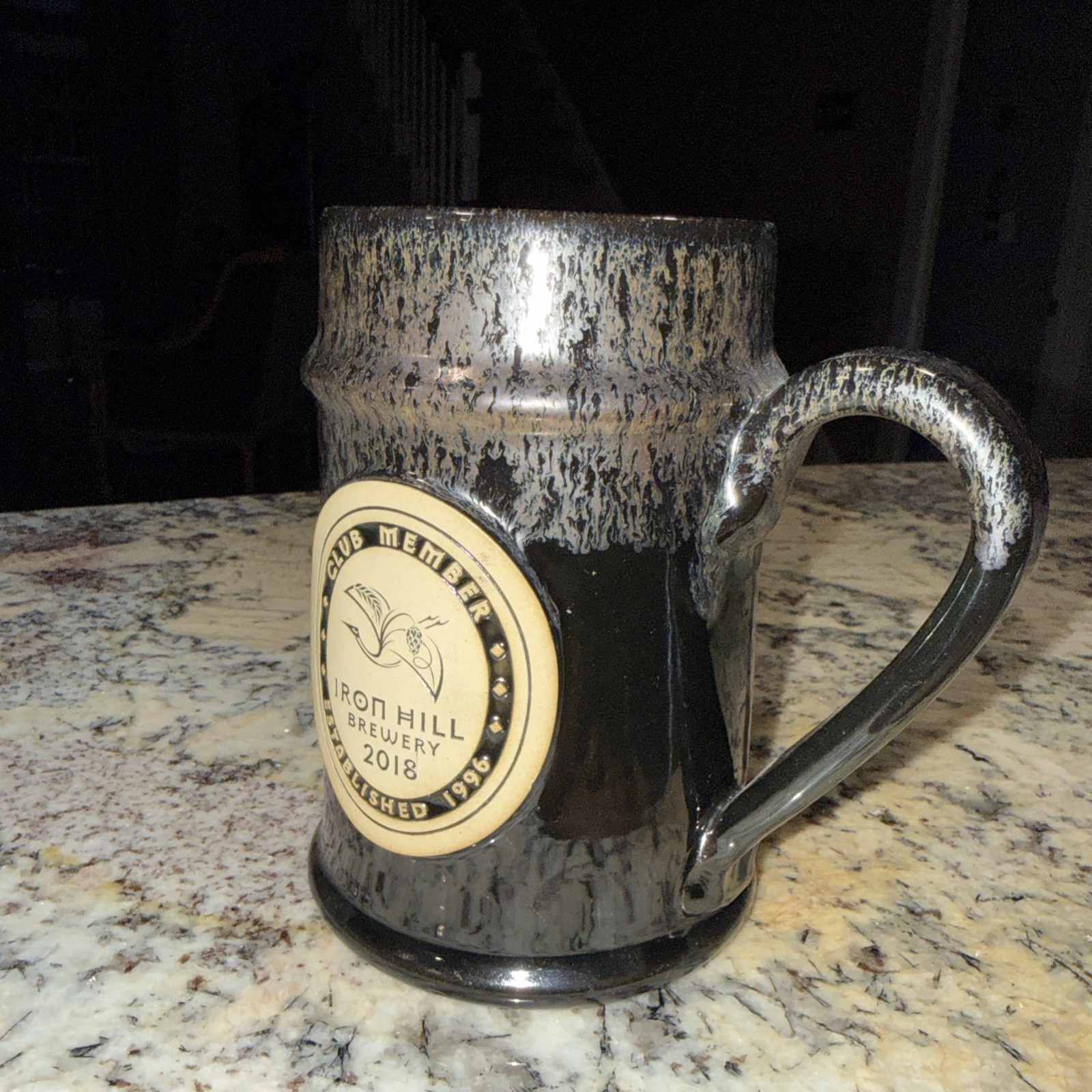 Iron Hill Brewery – Beer Mug Stein Black Pottery Drip Glaze Club 2018-Newark, DE