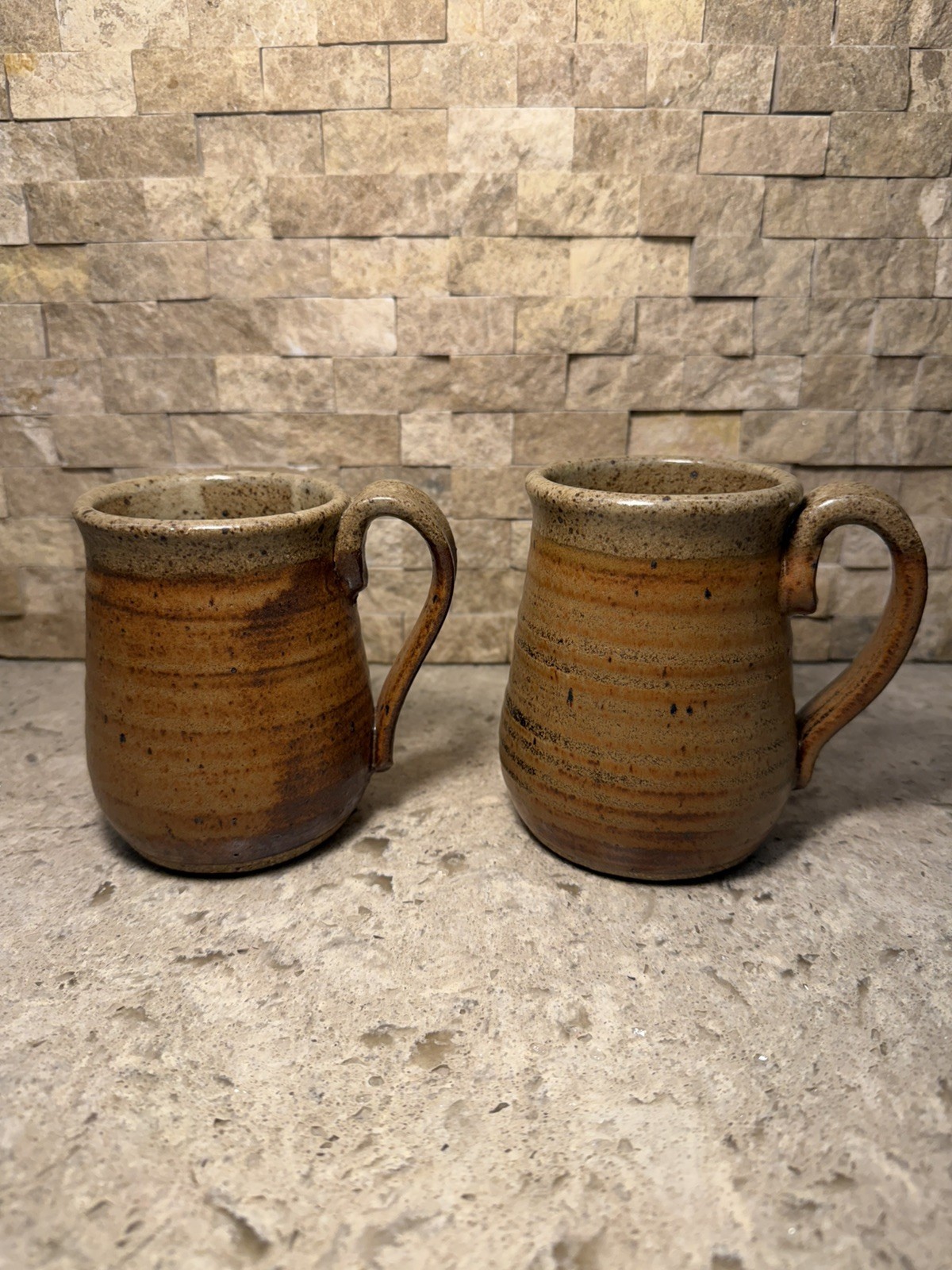 2 signed Studio Ceramic Stoneware Pottery Speckled Coffee Cup Mugs 4 1/2 & 4 3/8