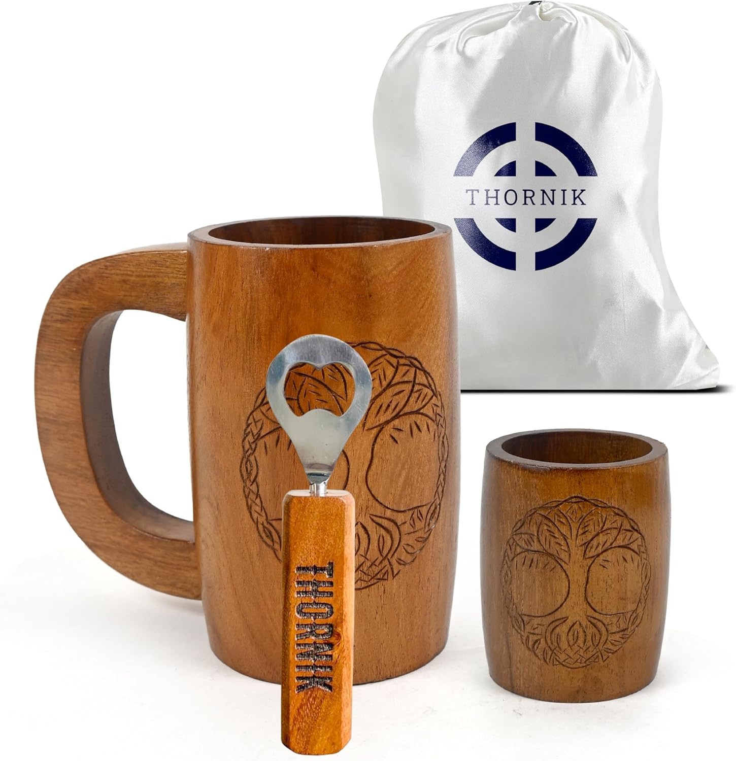 Tree of Life Engraved Acacia Wooden Mug Set 16-20 Oz | Wood Cup and Shot Glass w