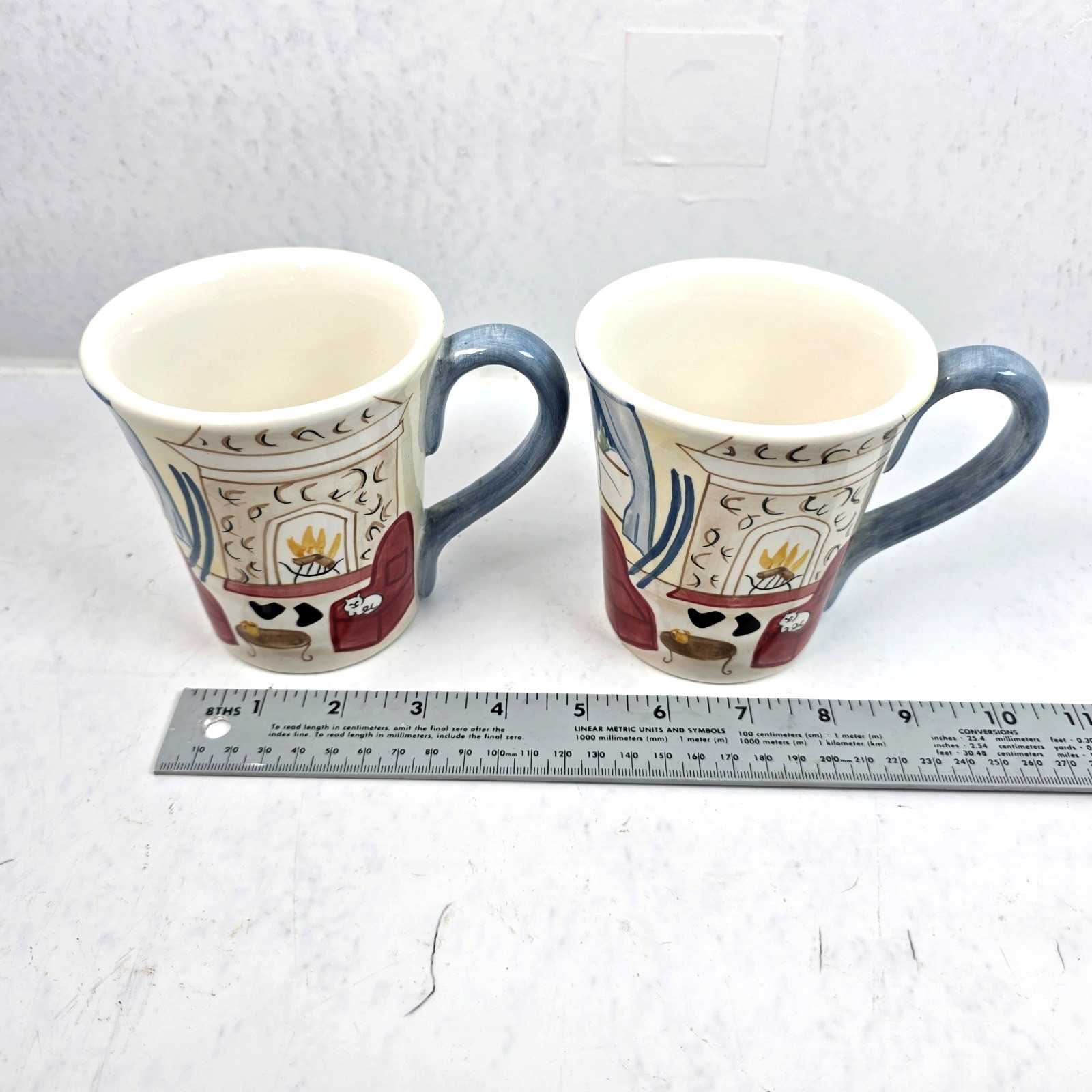Vtg Eddie Bauer Home Large Coffee Mugs Set of 2 Painted Winter Cozy Cabin Lodge