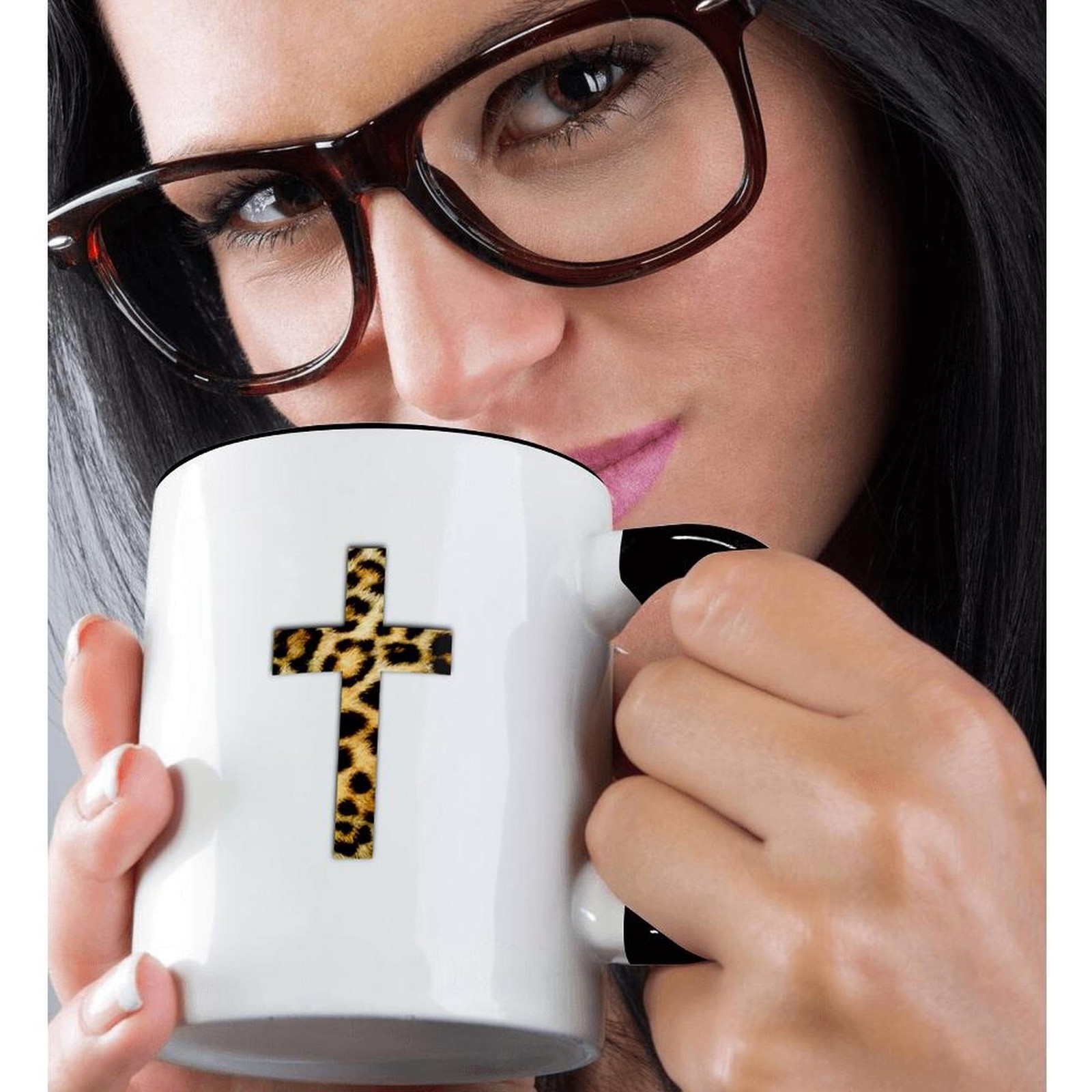 3dRose Christian Cross Leopard Print Two Tone Black Mug 11oz Religious Gift