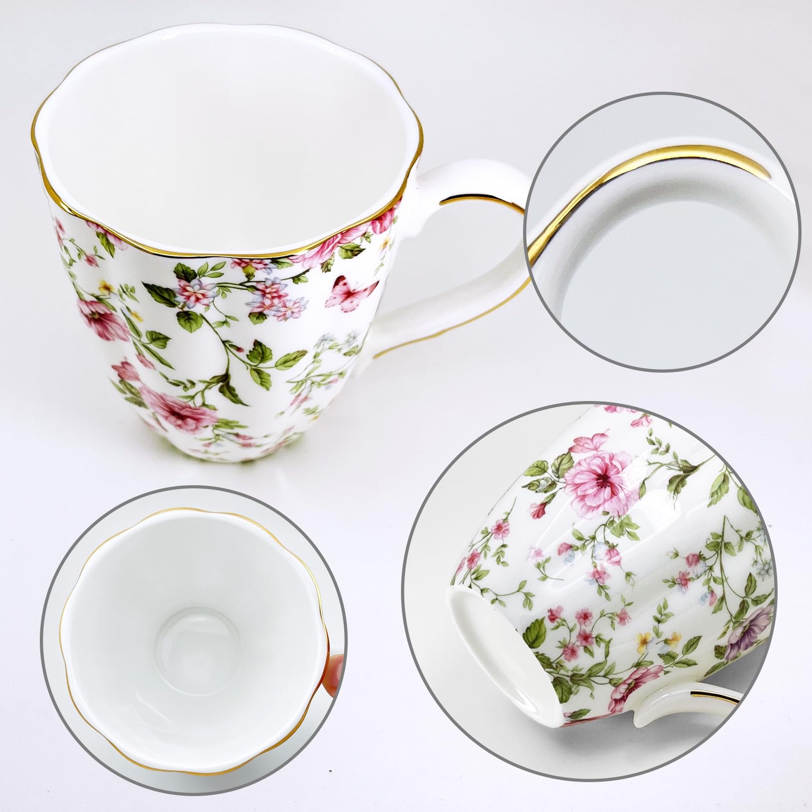 Coffee Mugs,Bone China,with gold trim,Floral Flower Vintage Pattern,Fine Porc…