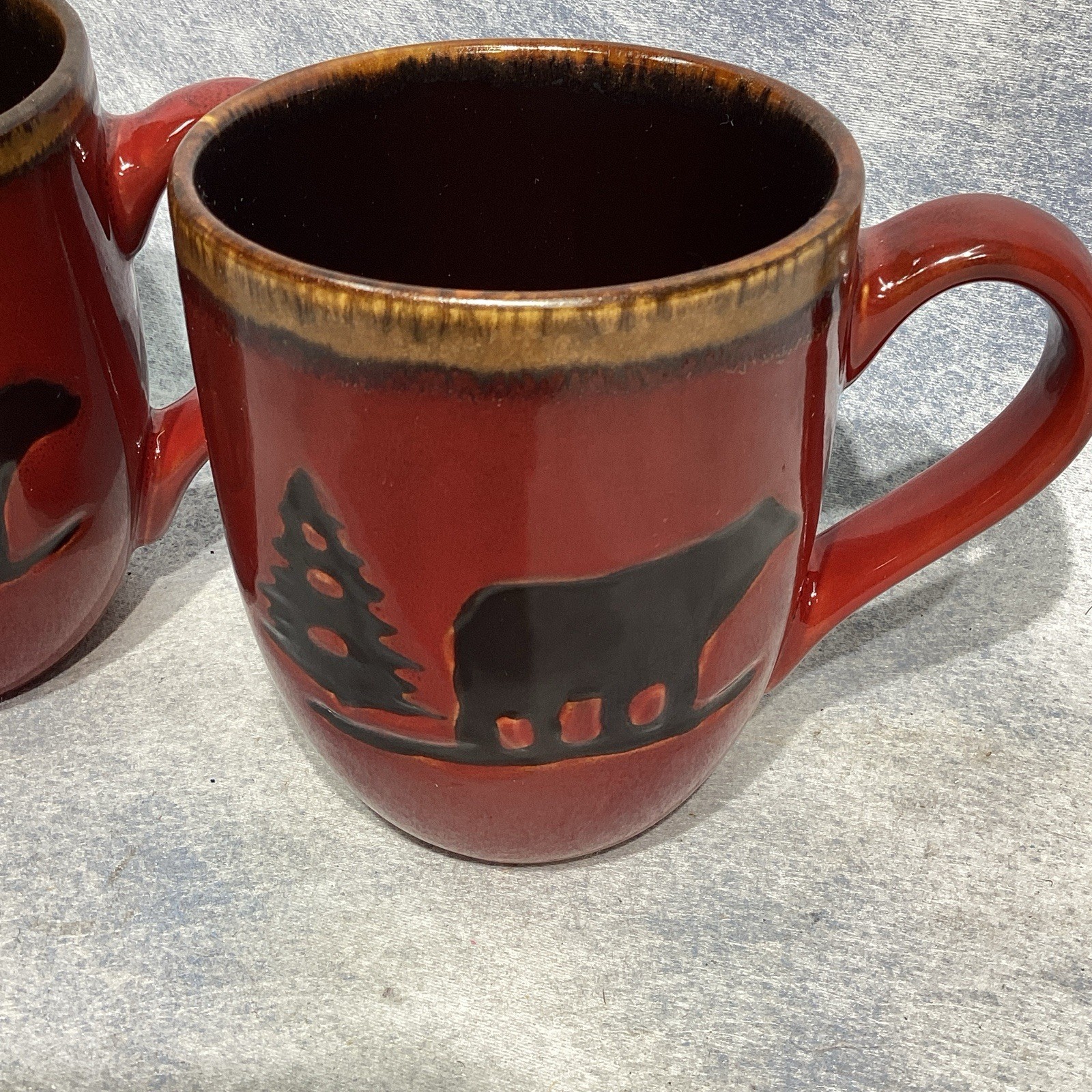 Lot 2 Woodland Red Home Studio Mugs Bear Pine Trees EXCELLENT