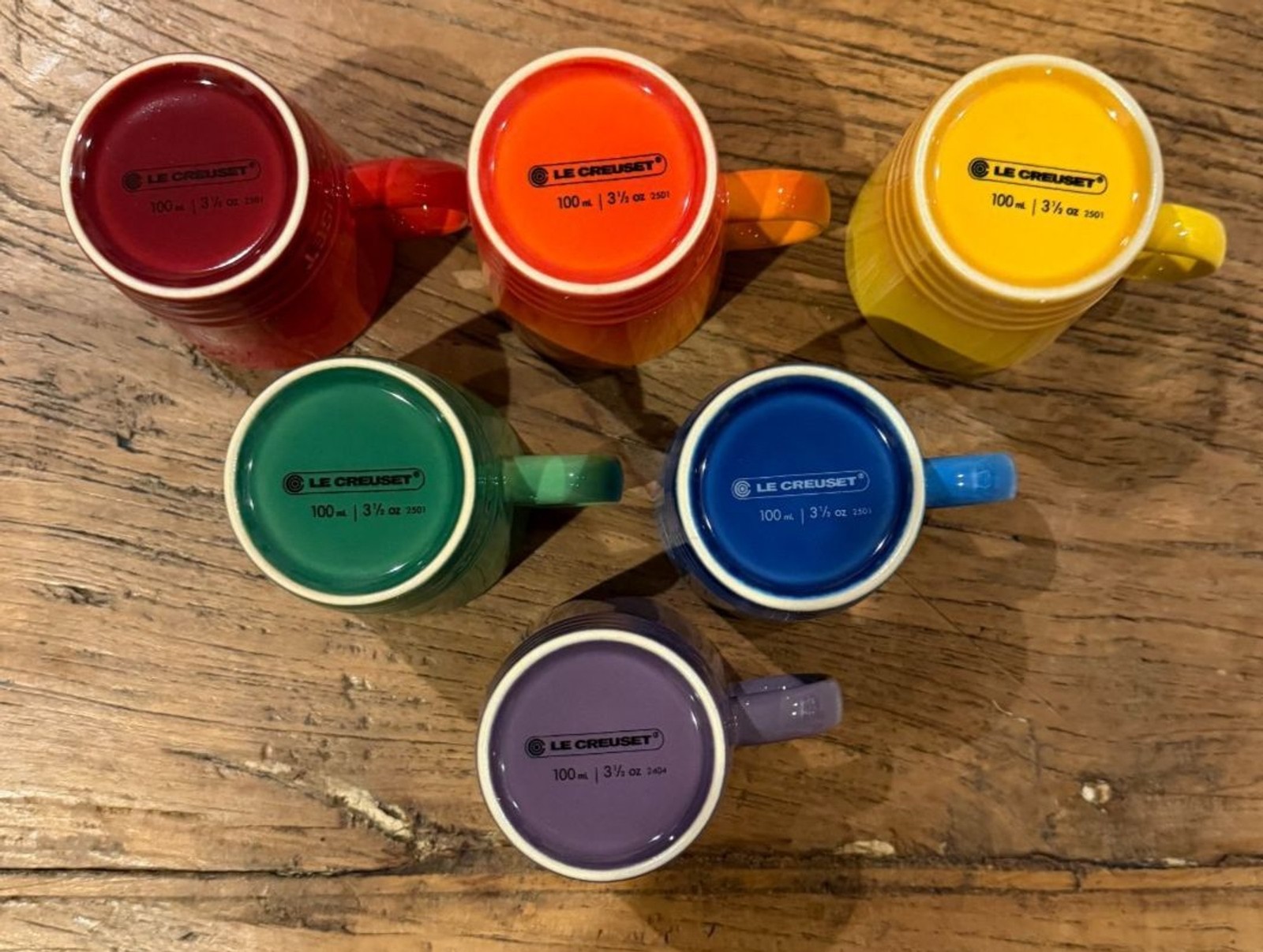 Le Creuset Stoneware Rainbow Multicolor Set of 6 3.5oz London Espresso Mugs NEW