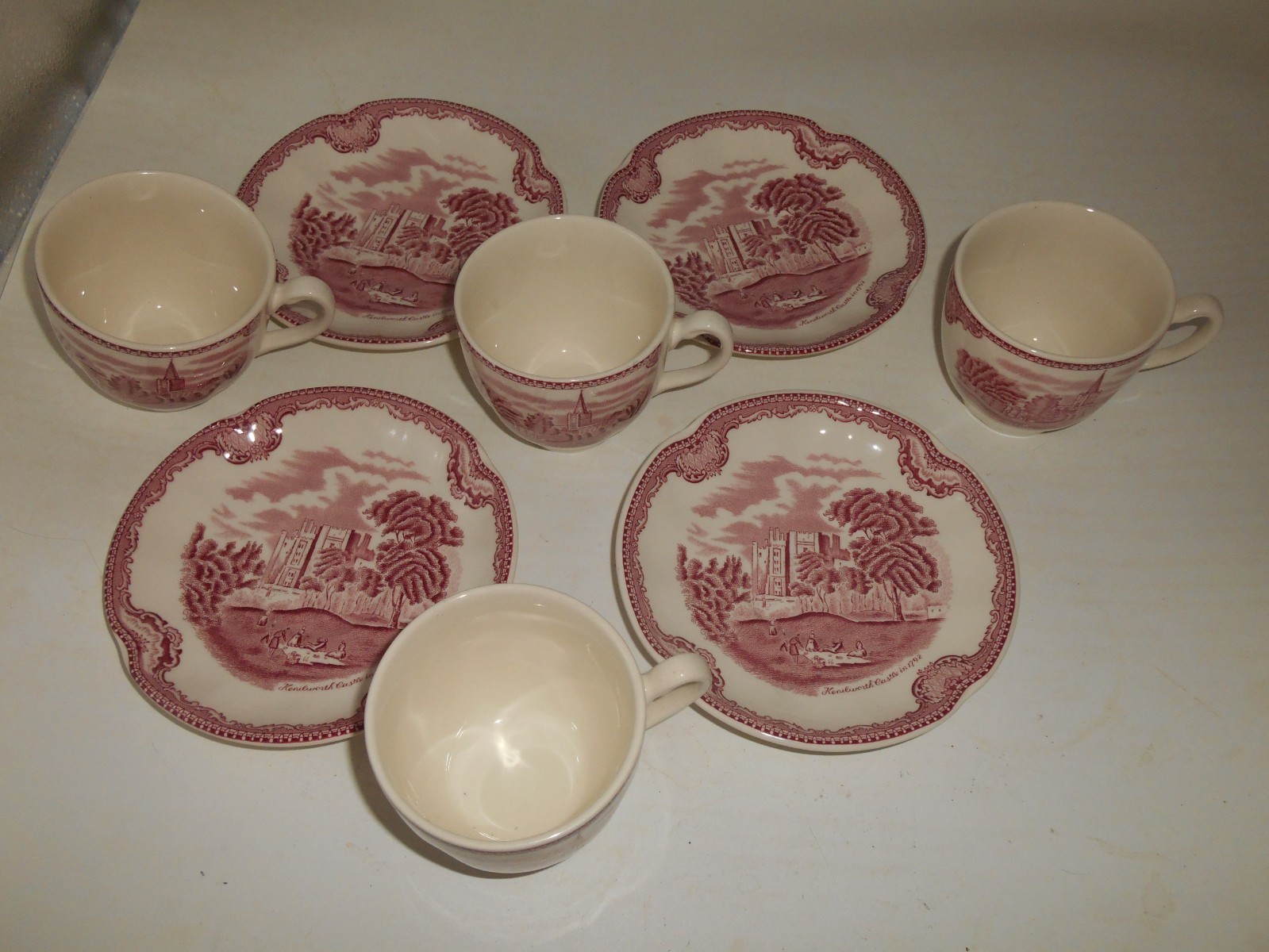 4 Sets of Johnson Bros Old Britain Castles pattern 6 oz. Cups & Saucers / Pink