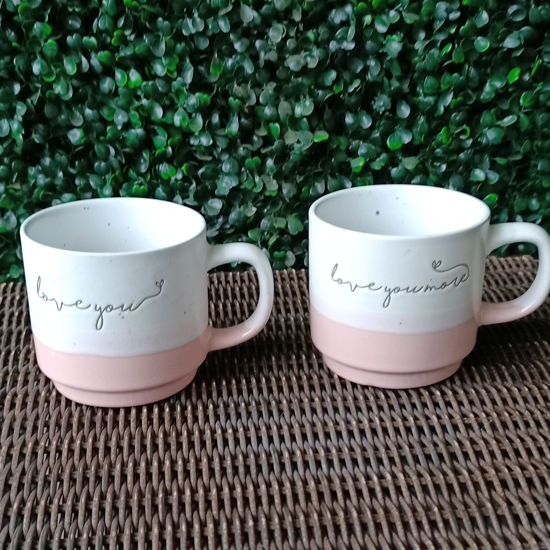 Set of 2 White & Pink Ceramic Coffee Mugs 16 oz Love & Hearts Valentine