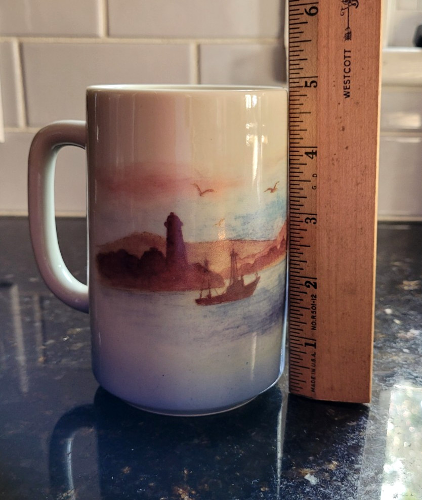 Vintage Otagiri Japan Mug Cup Seaside Harbor Seagull Fishing Boat Nautical Dock