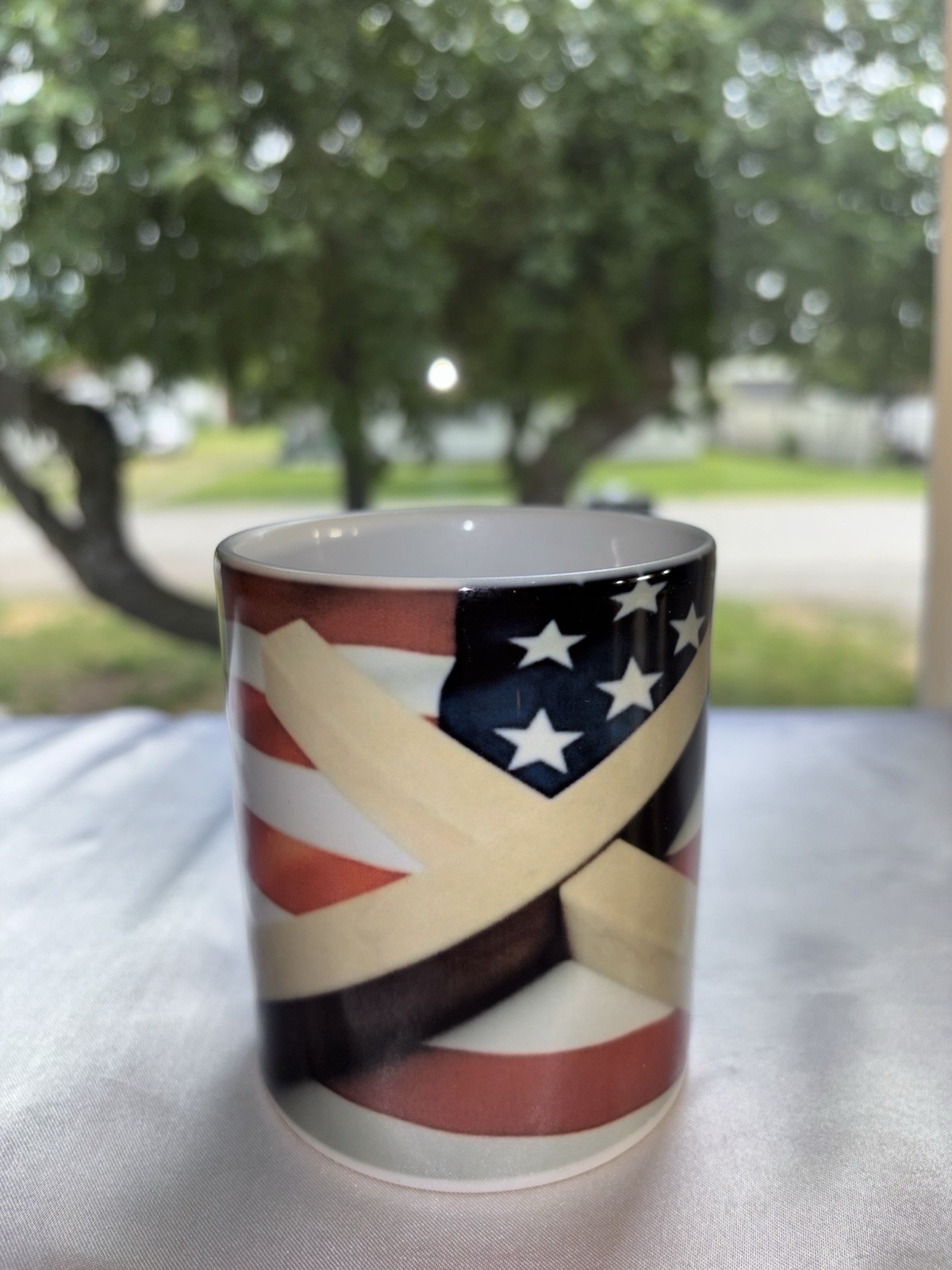 New 11 Oz. Coffee Mug Wooden Cross On Patriotic Flag Sickness Prayer Fast Ship