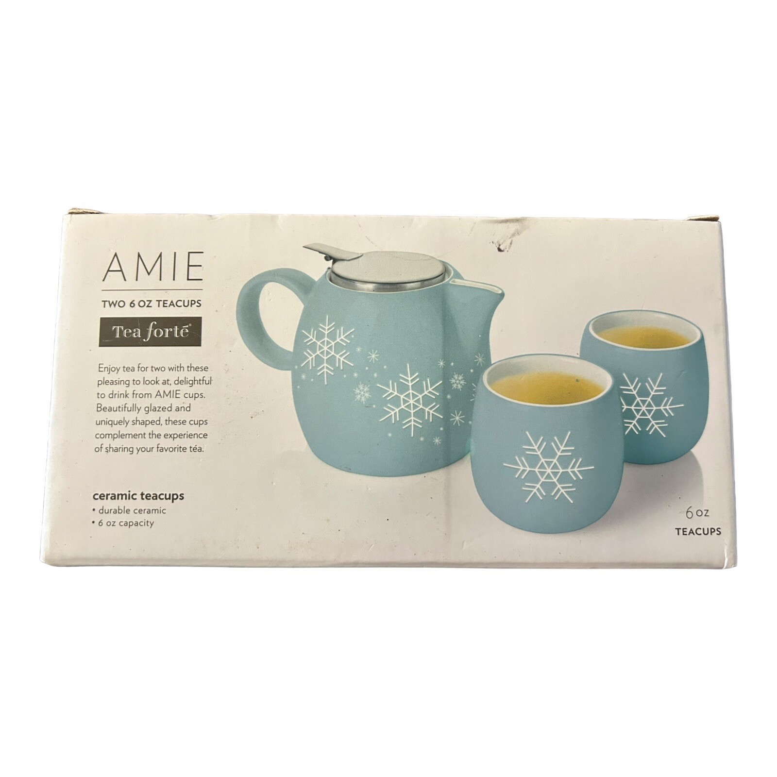 Tea Forte AMIE CERAMIC TEACUPS Set Of 2 Blue & White Snowflake Design 6 oz New