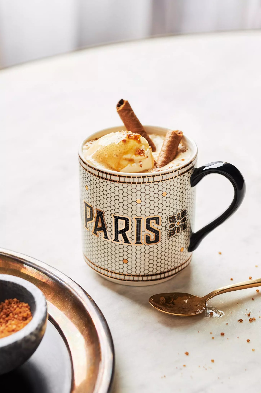 Anthropologie Bistro Tile Mug “PARIS” 24K Gold Decaled Glazed Stoneware New