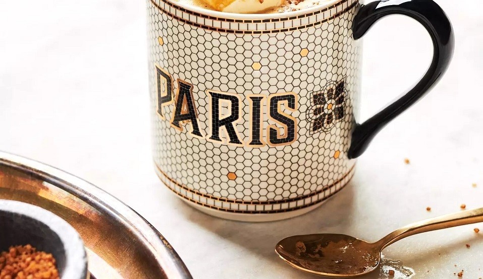 Anthropologie Bistro Tile Mug “PARIS” 24K Gold Decaled Glazed Stoneware New