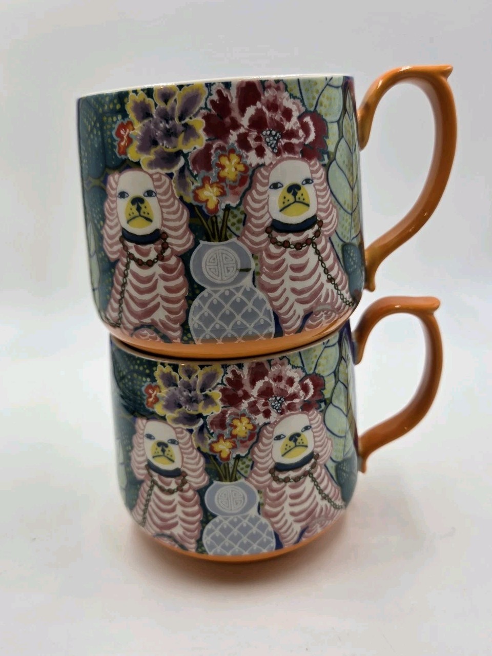 2 Anthropologie Paige Gemmel Eastern Animals Mugs Staffordshire Dogs With Plants
