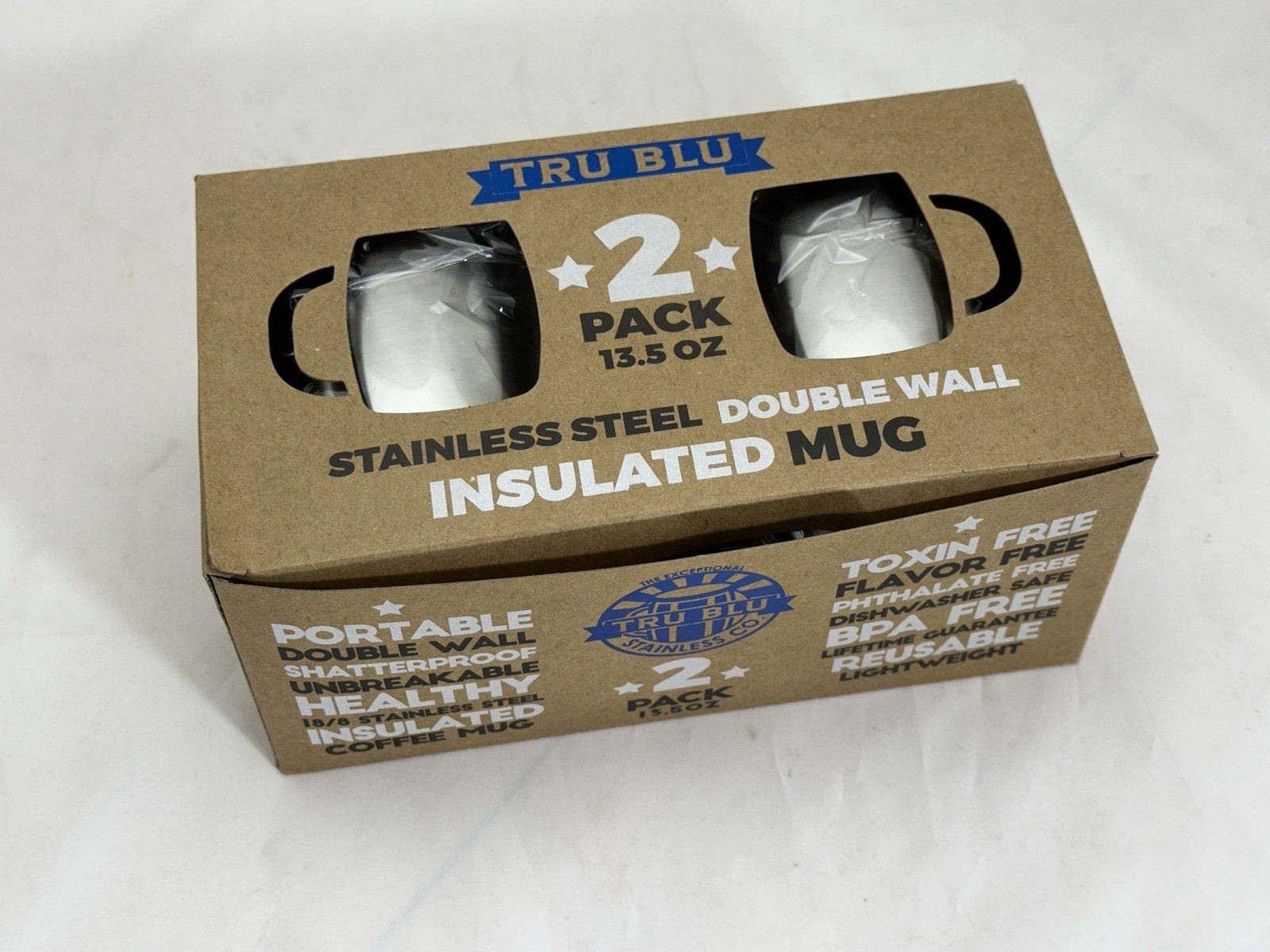 2 Pack Tru Blu Stainless Steel Double Wall Insulated Mug w/ Handle & Lid 13.5oz