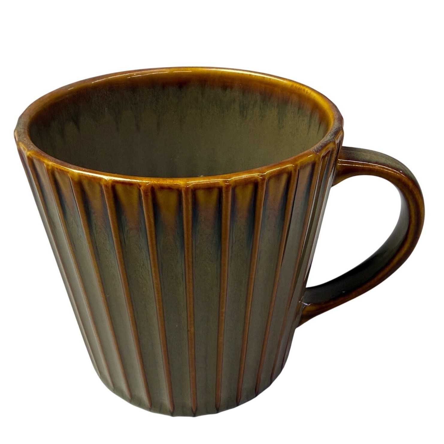Starbucks 2007 Ribbed Reactive Glaze Coffee Mug Olive Green Amber Brown 16 oz