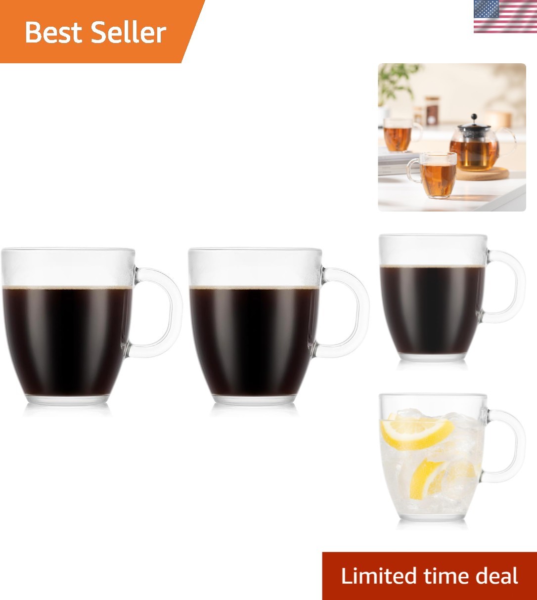 12oz Bistro Coffee Mug Single-Wall Tempered Glass, 2 Pack, Clear | Single-Wall