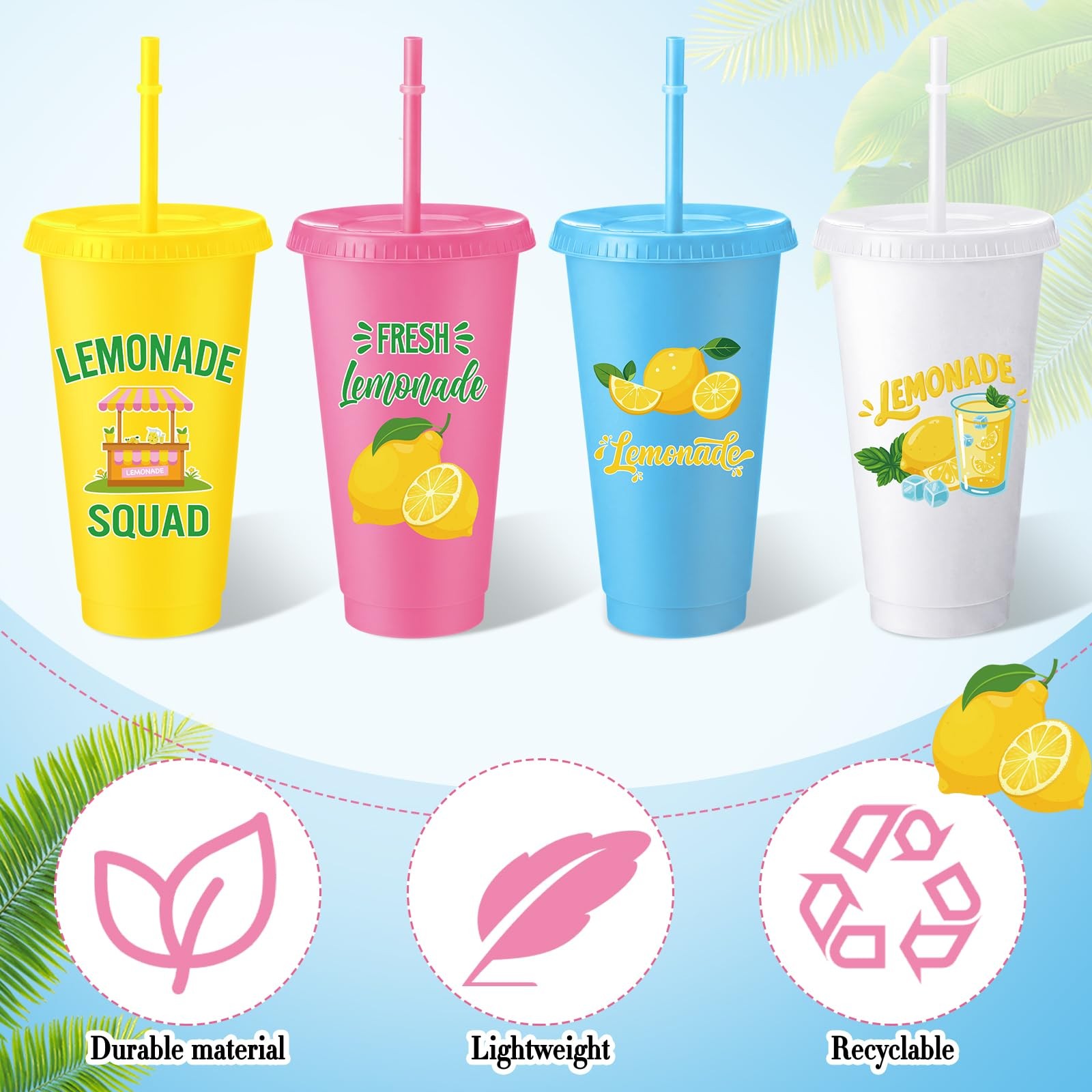 12 Pcs Lemon Plastic Cups with Lids and Straws 24oz Reusable Colorful Lemonad…