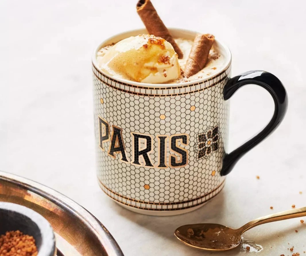 Anthropologie Bistro Tile Mug “PARIS” 24K Gold Decaled Glazed Stoneware New