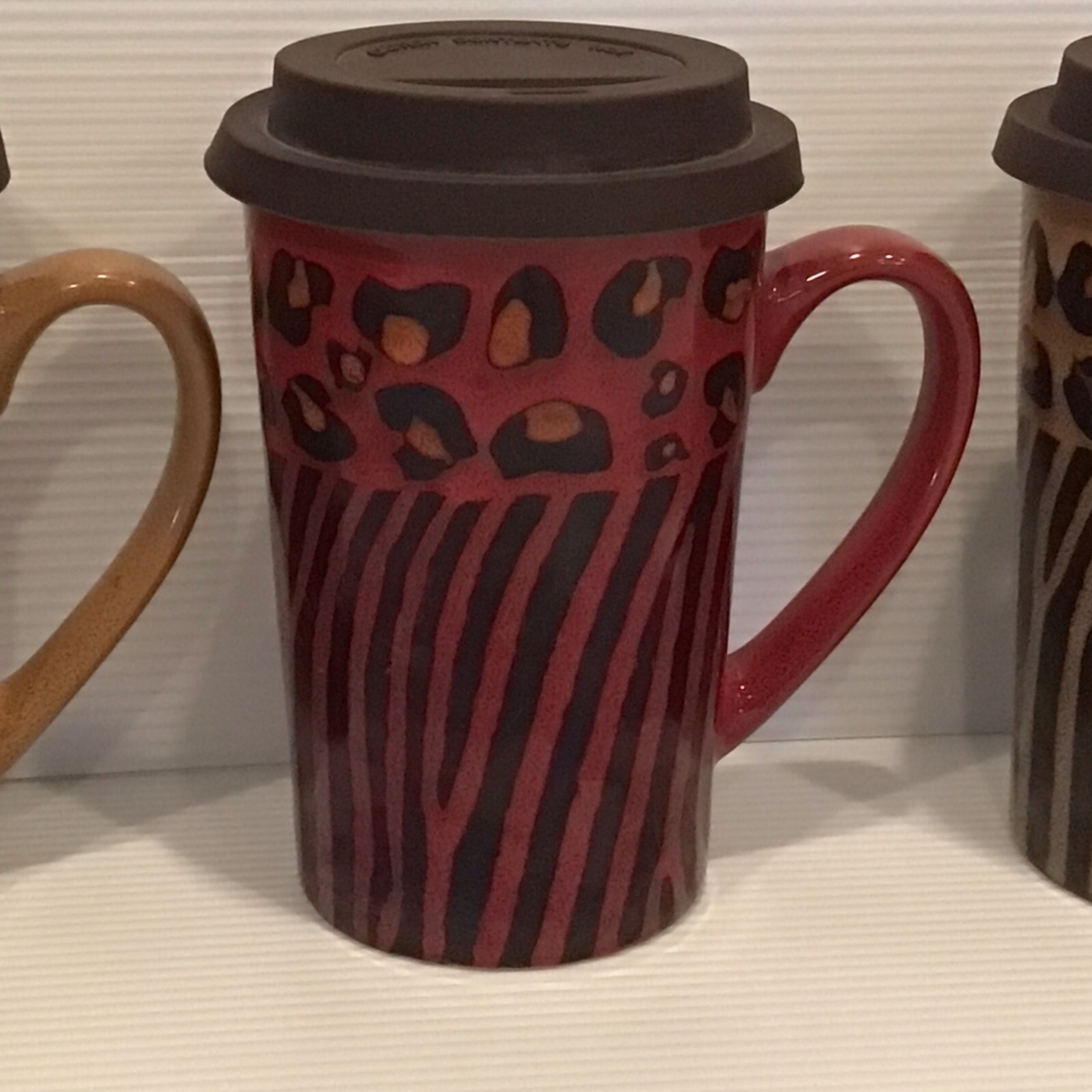 Coffee Mugs, Lids Set/3 15oz Ceramic Animal Print Zebra Leopard Nature Home READ