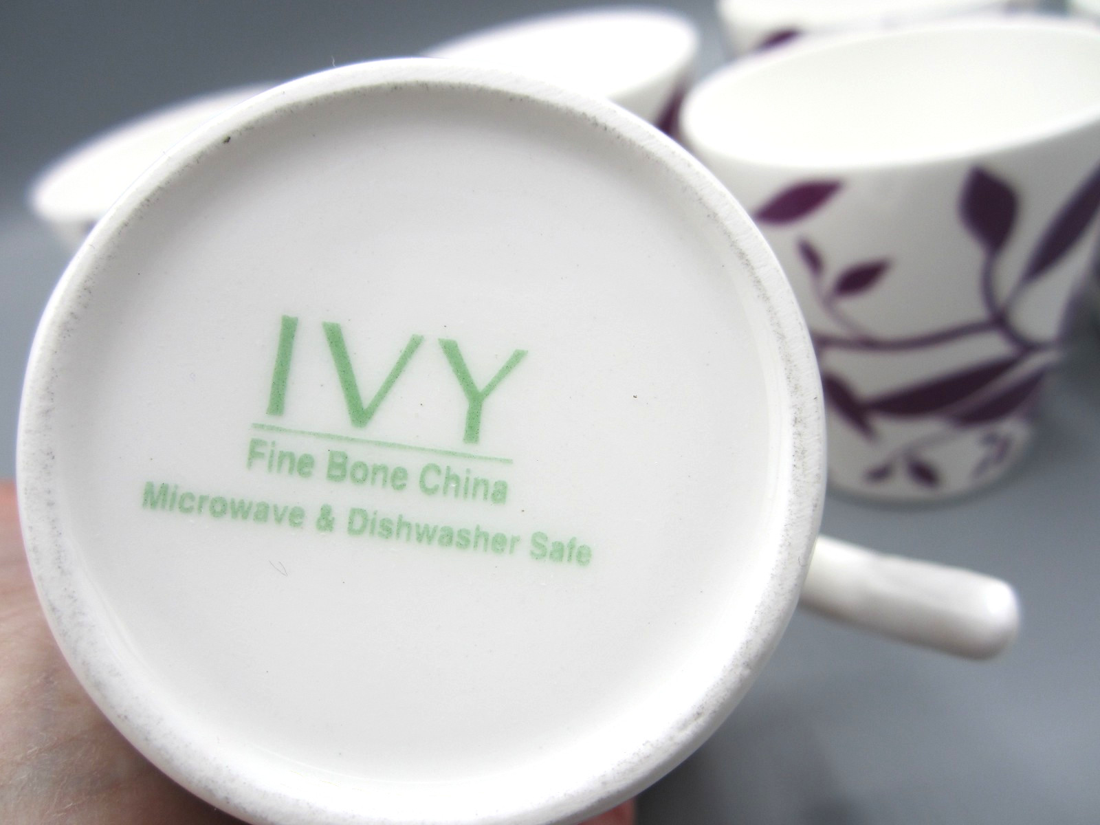 Set of 6 Ivy, White & Purple Ivy Vines Fine Bone China Coffee Tea Mug 8 oz (Box)