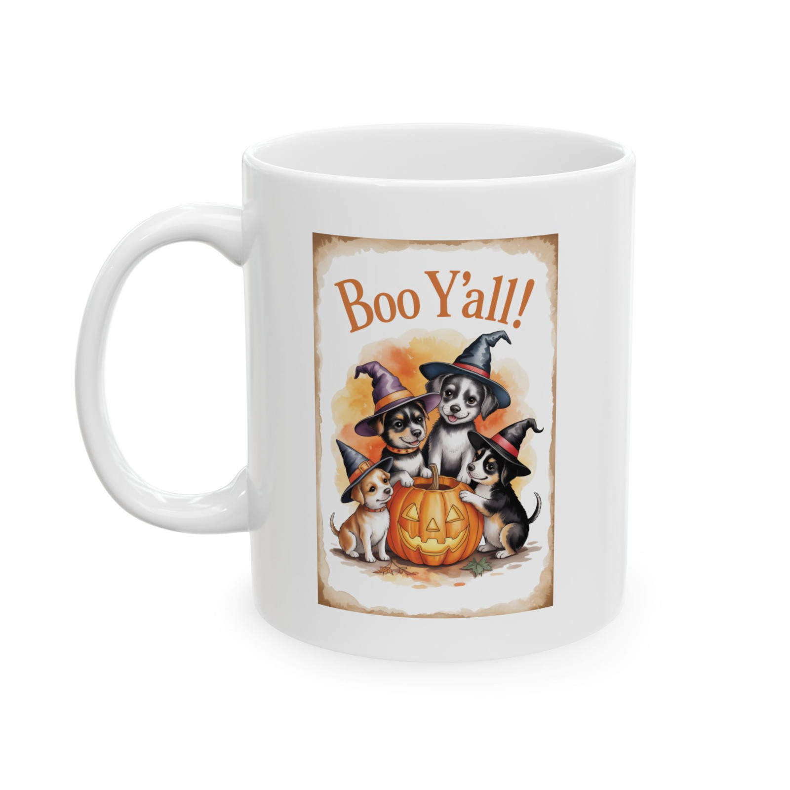 Boo Y’all Halloween Mug Cute Puppy Dog Witch Hat Pumpkin Fall Coffee Cup Gift