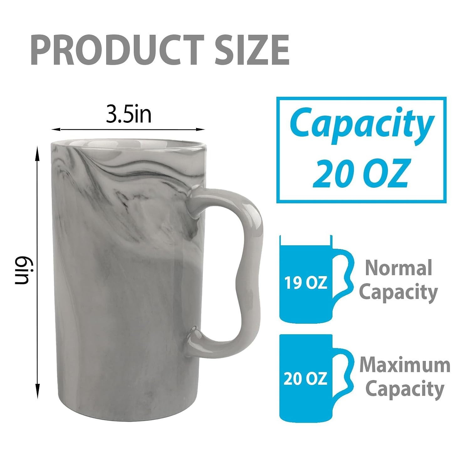 20 oz Marble Coffee Mug,Large Ceramic Diner Cup, Tall Tea Cups with M Handle for