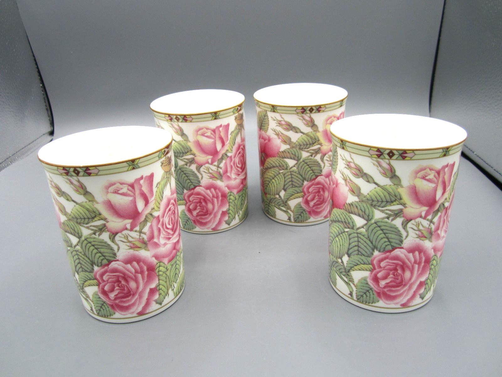 Set of 4 Royal Bone China, White, Pink, Green, Roses Tea Coffee Mug 10 oz (Box)
