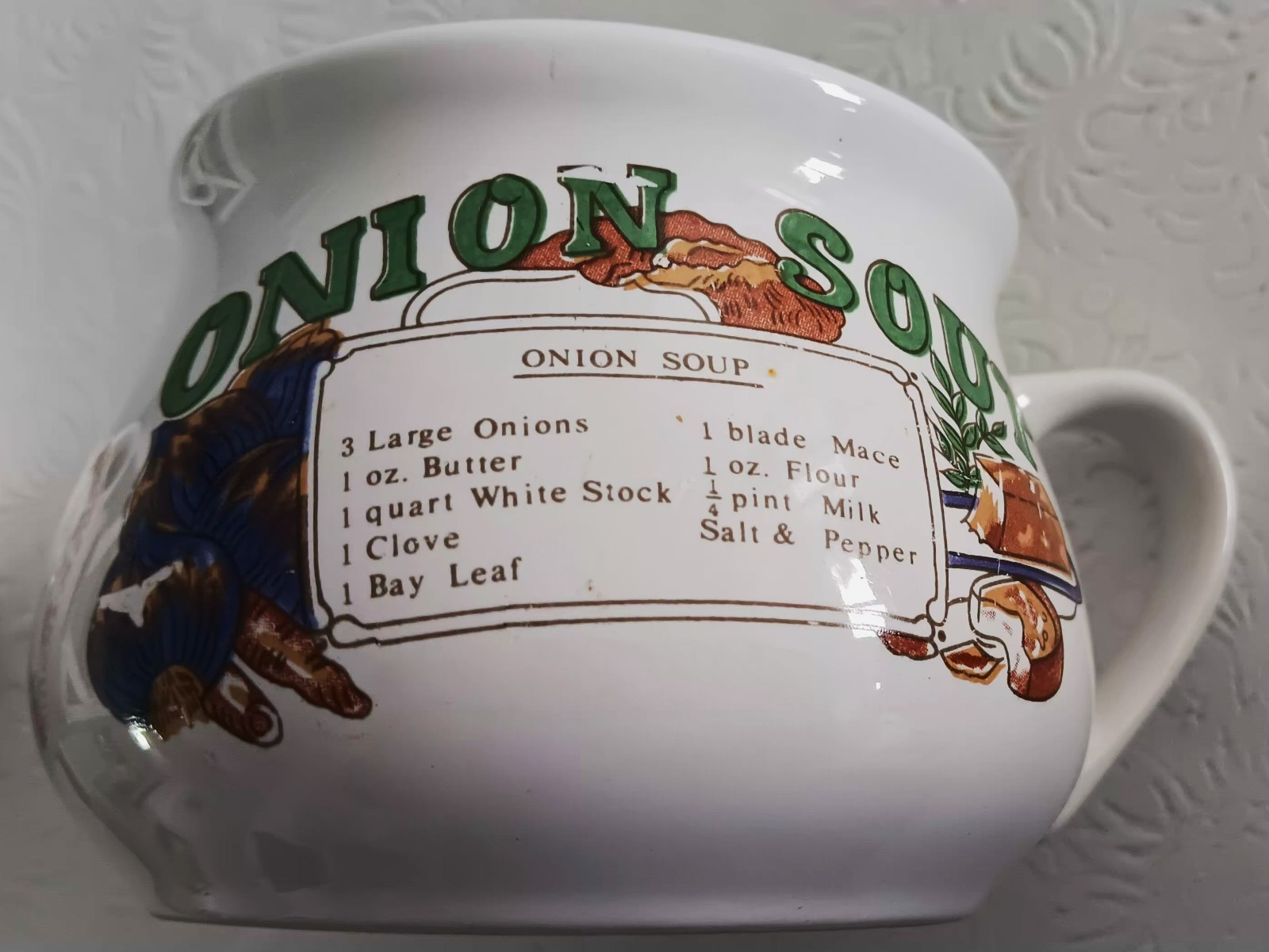 Ceramic Soup Mug Onion Soup Recipe Print White with Handle Food & Drink MINT