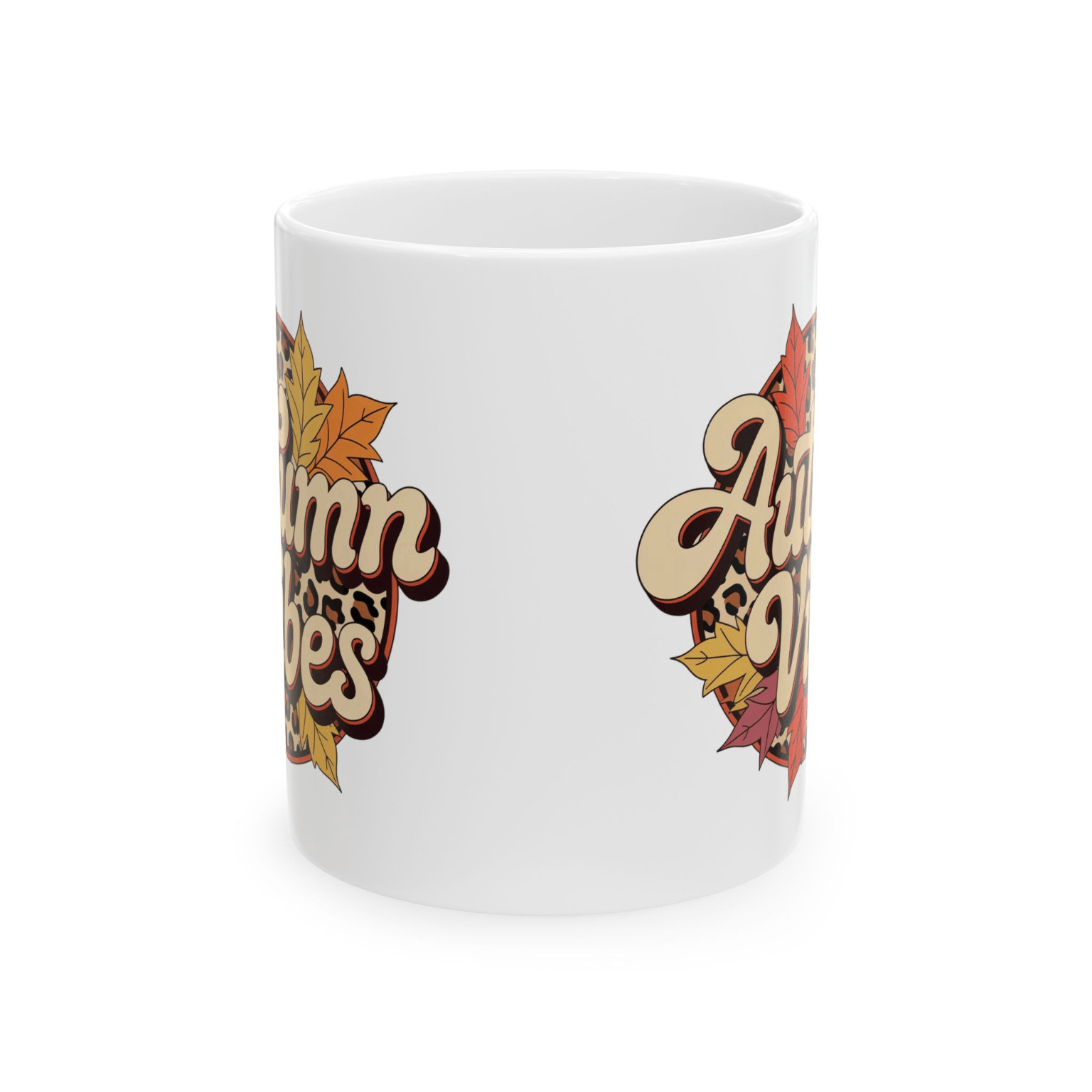 Autumn Vibes Mug Fall Coffee Cup with Leopard Print and Colorful Leaves Design