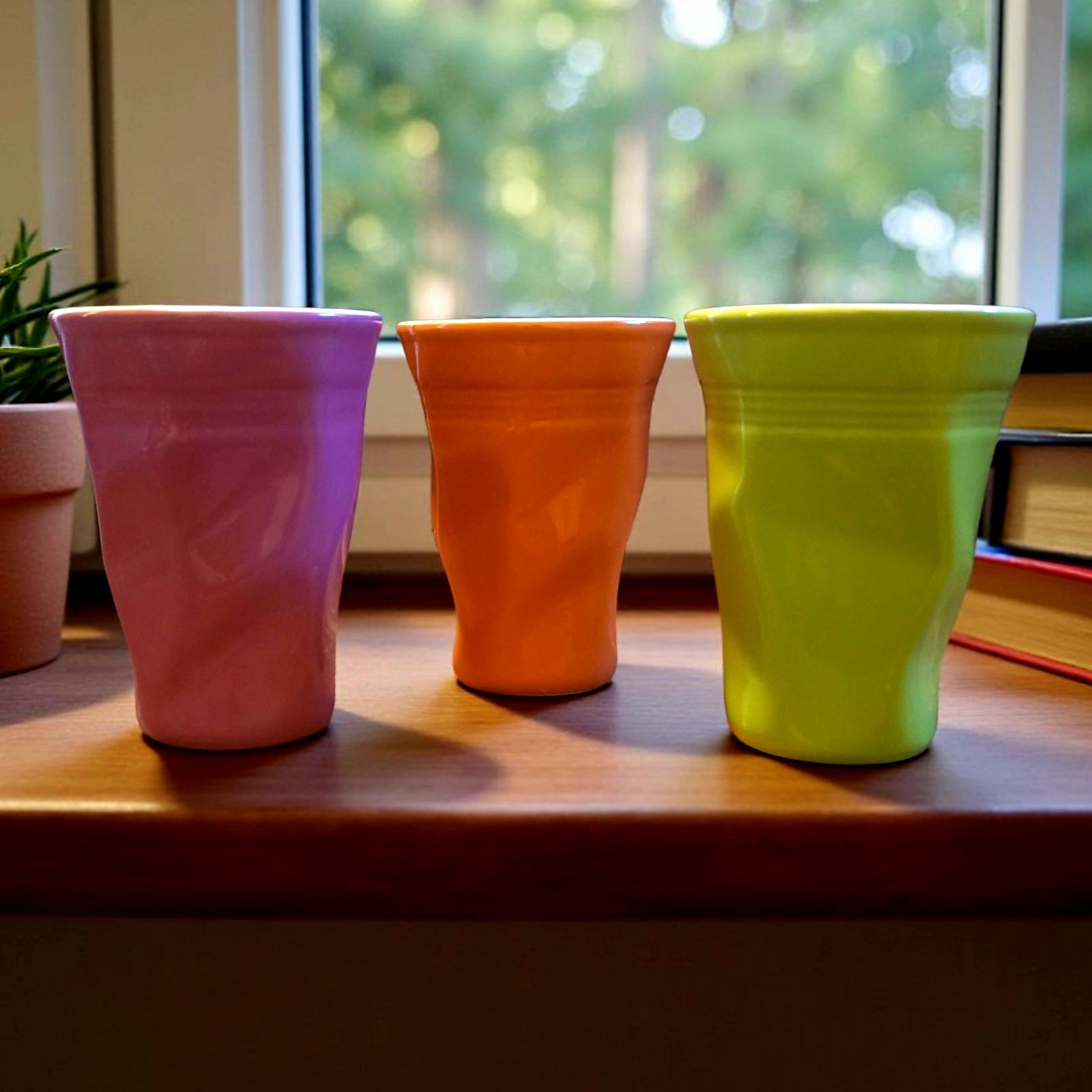 3 Porcelain Crumpled Crush 9 Oz Cup Mug Tumbler Set Green Orange Purple 4.5″