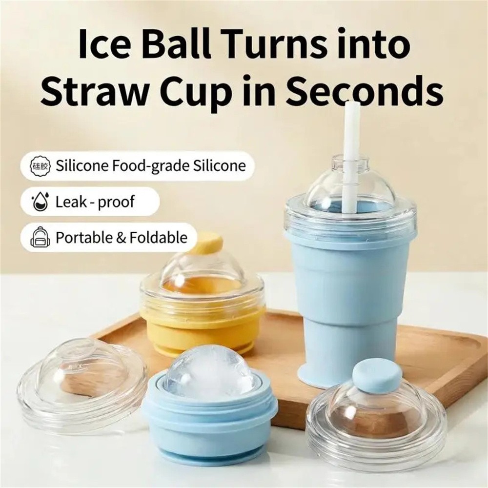 Summer Silicone Travel Cup with Straw, Foldable & Removable Ice Ball Mold