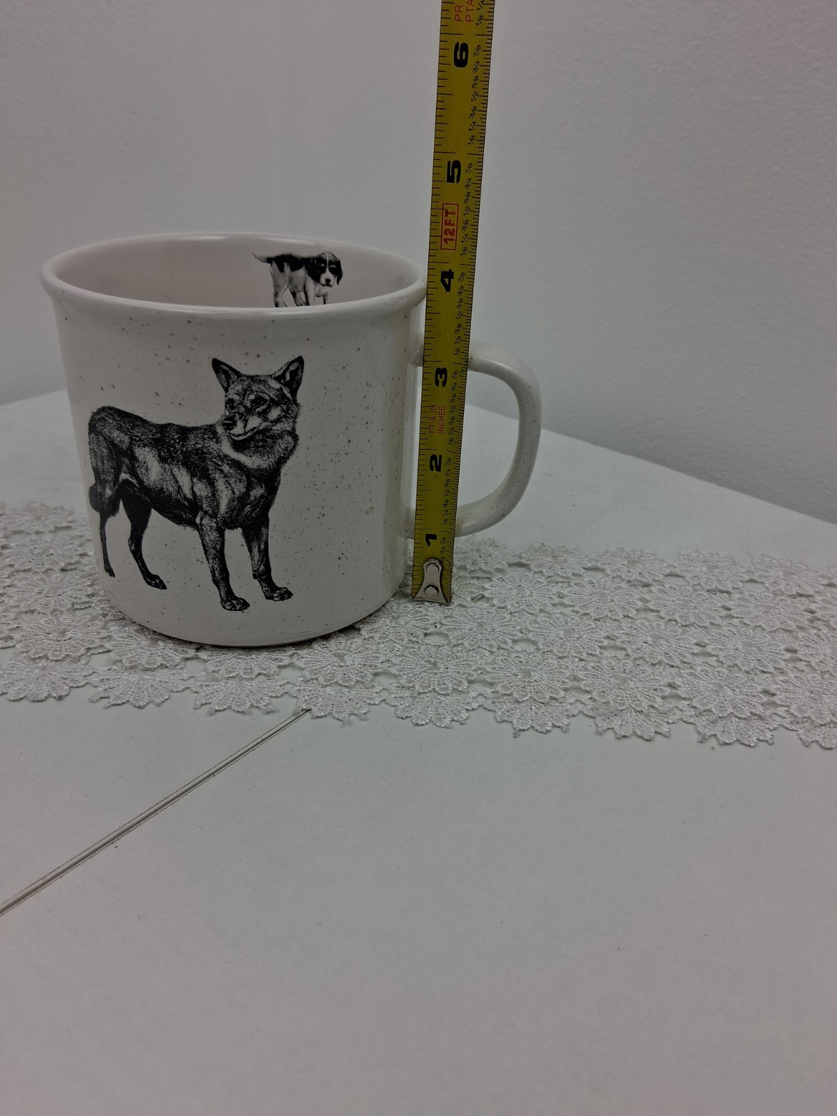 Pottery Barn Wolf Coyote Puppy Dog Black White Speckled Splattered Lg 16 Oz Mug