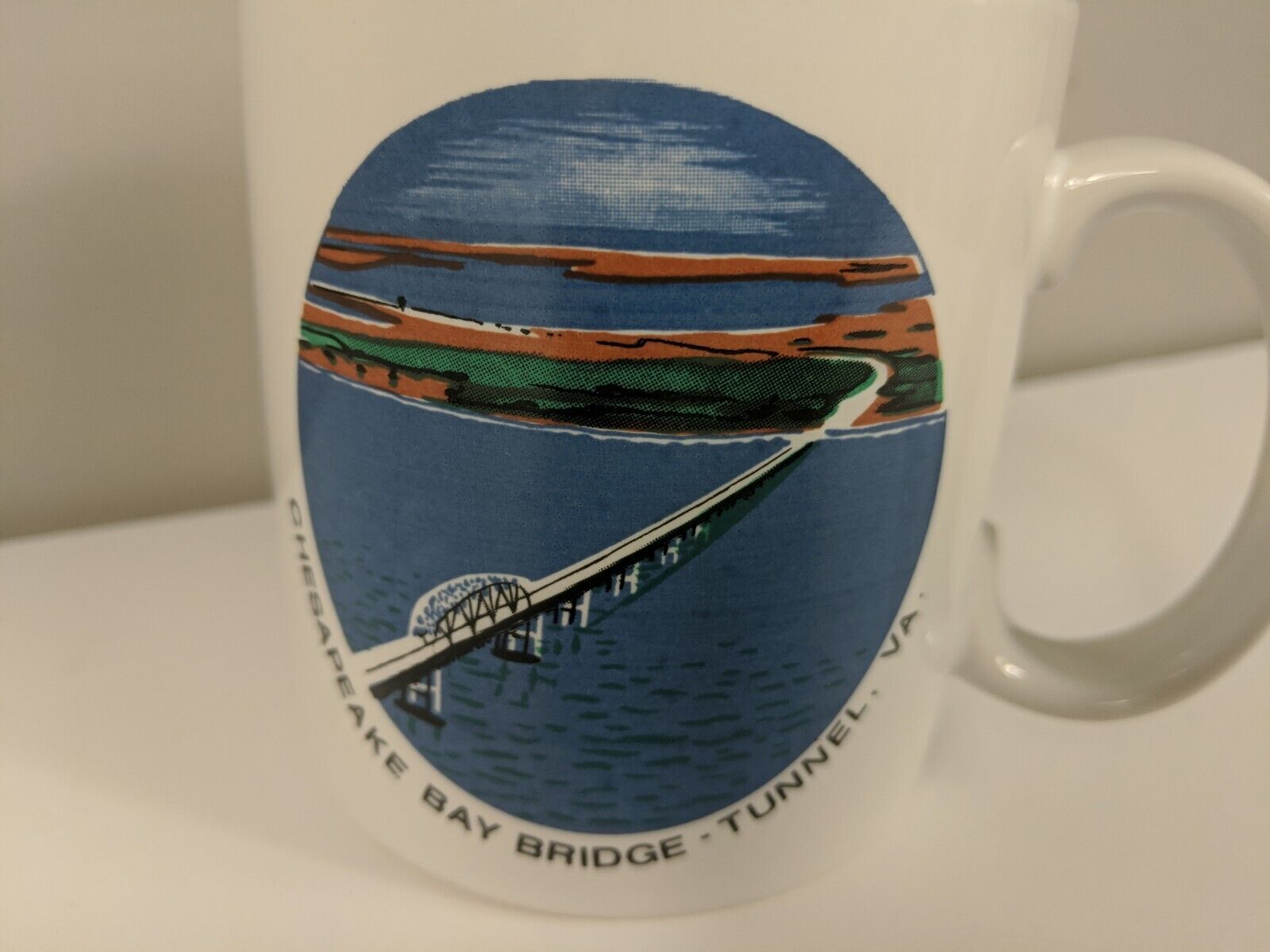 Vintage Chesapeake Bay Bridge/Tunnel Coffee Mug, Virginia, White w/ Artwork