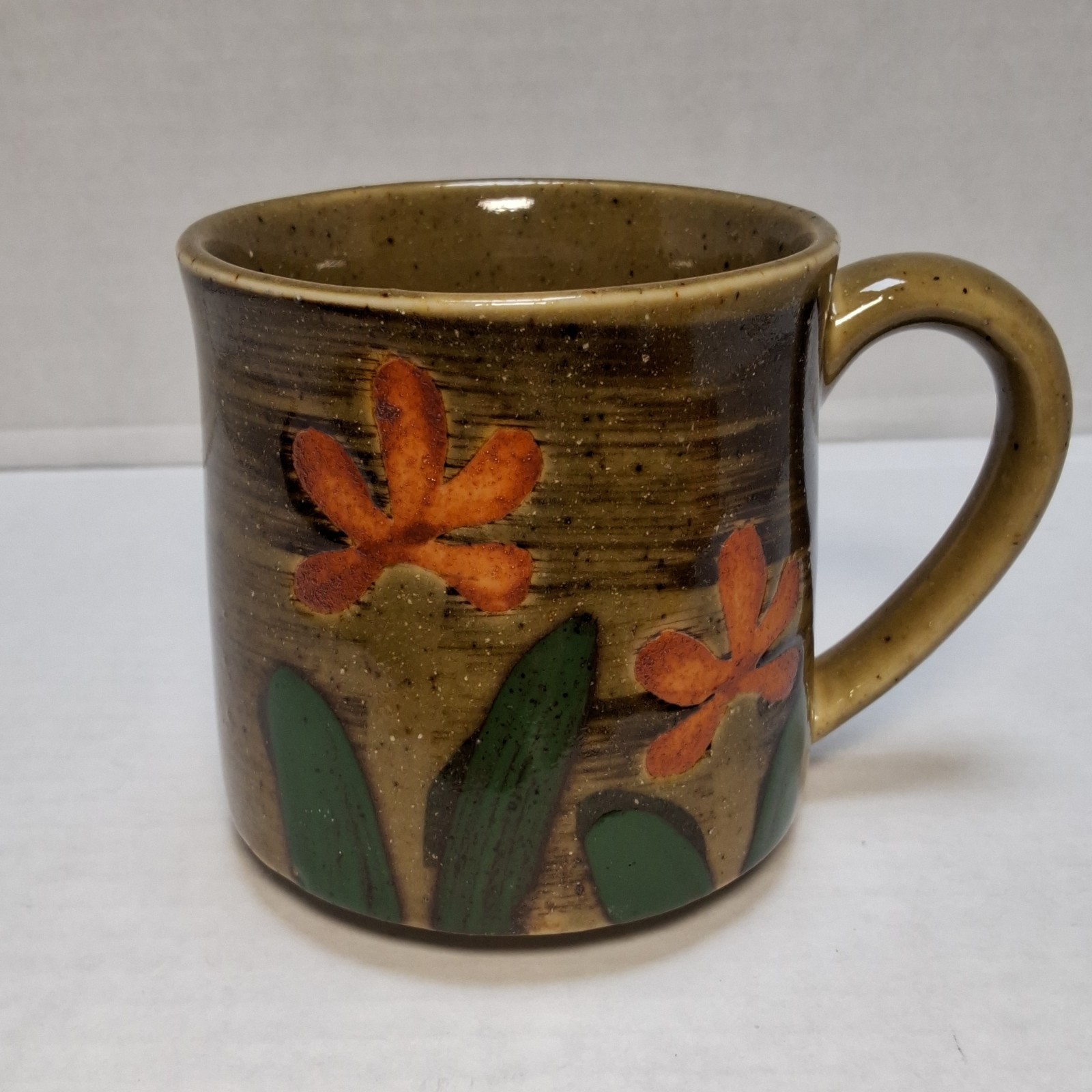 Brown Stoneware Floral Coffee Mug 12 fl oz Rustic Decorated Orange Green
