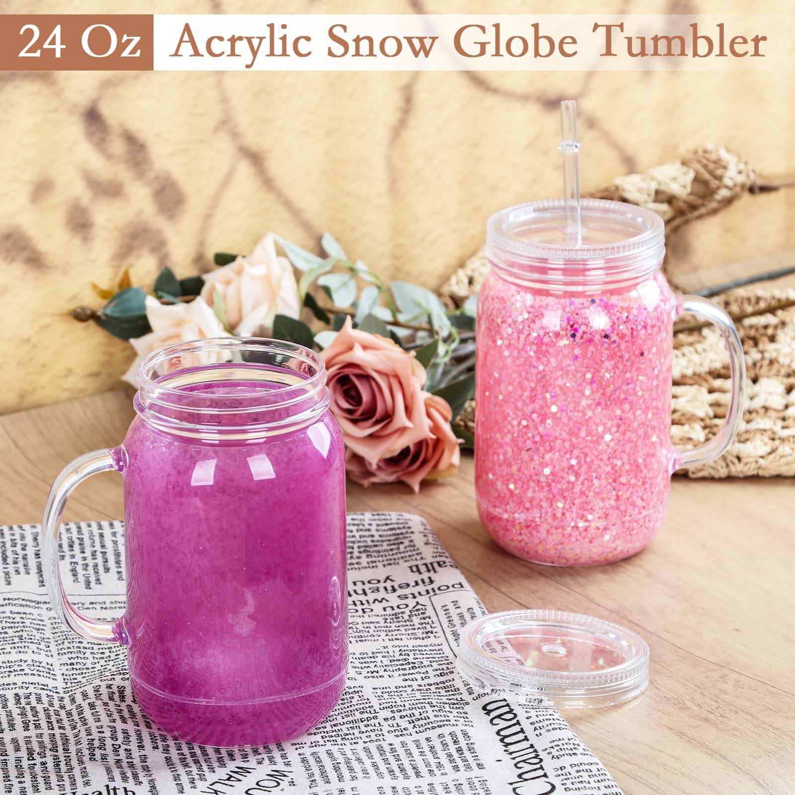 24 Oz Acrylic Snowglobe Tumbler with Handle,4 Pack Pre-Drilled Double Wall Pl…