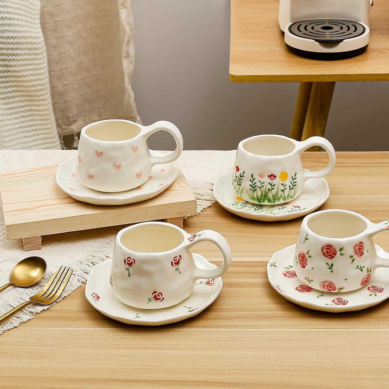 Ceramic Coffee Mug Set W/ Saucer 250ml / 8oz Cute Floral Coffee Mug Irregular